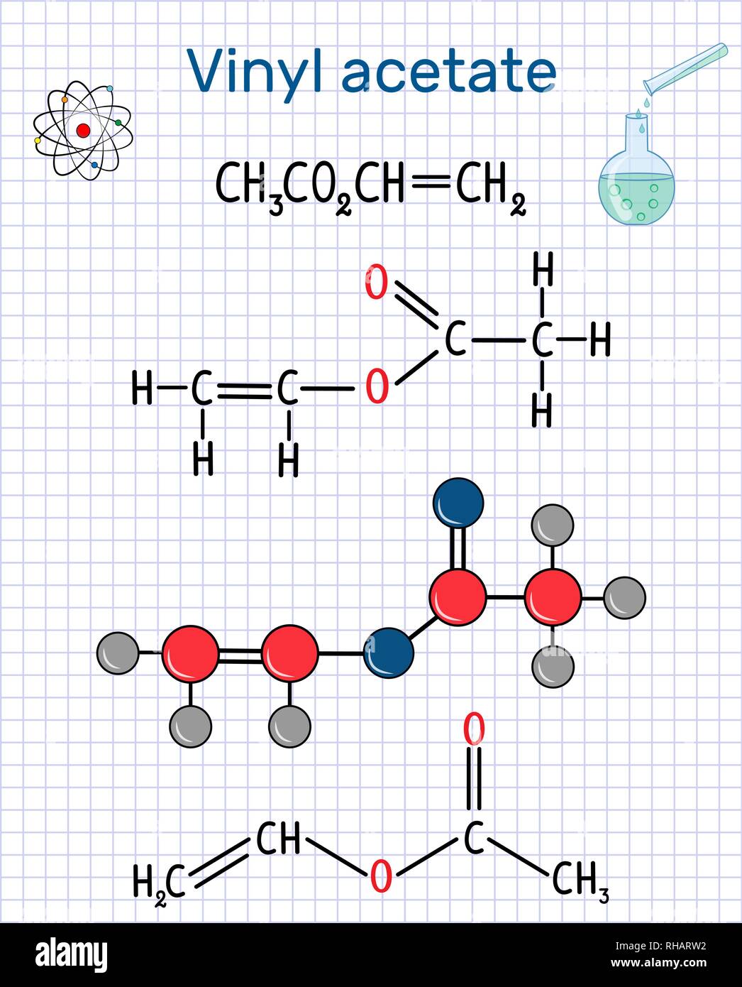 Molécule d'acétate de vinyle. Il est le précurseur de l'acétate de polyvinyle (PVA) . Feuille de papier dans une cage. Formule chimique structurale et molécule modèle. Vec Illustration de Vecteur