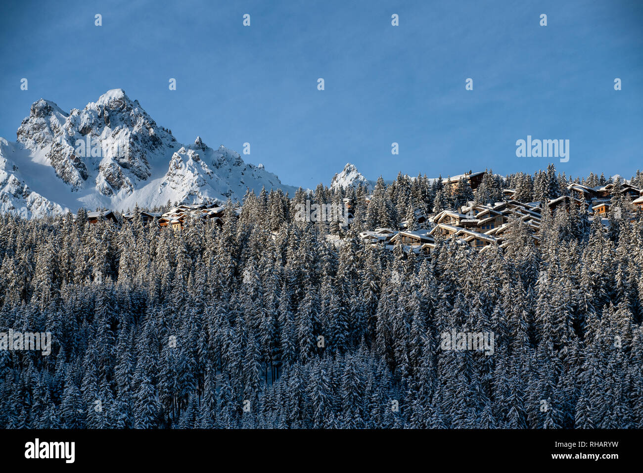 Chalets nichés dans les arbres, dans la station de ski alpin de Courchevel avec le sommet de la Saulire derrière. Courchevel 1850. Banque D'Images