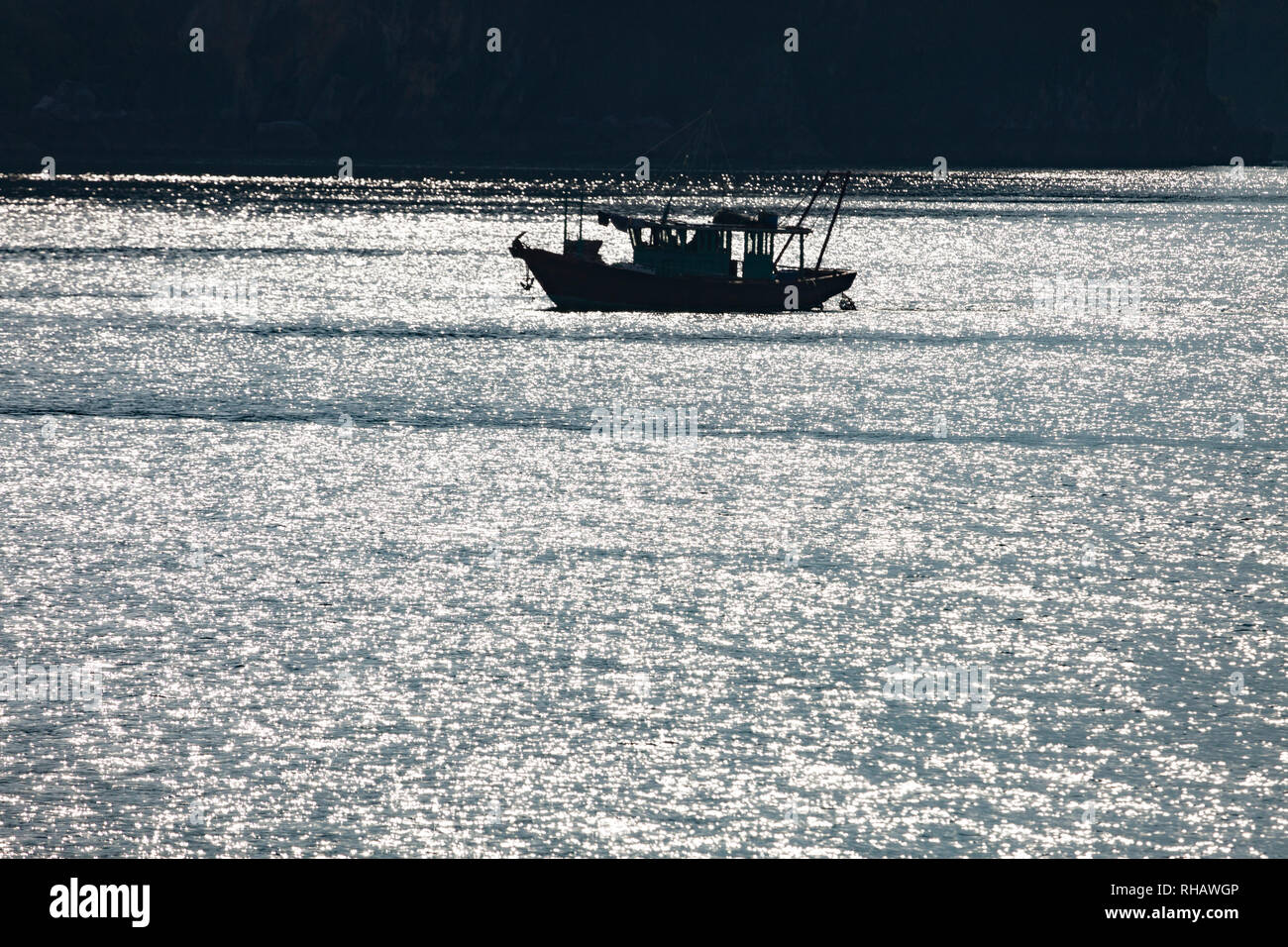 Pêcheur dans la baie d'Halong, Vietnam. UNESCO World Heritage Site. Banque D'Images