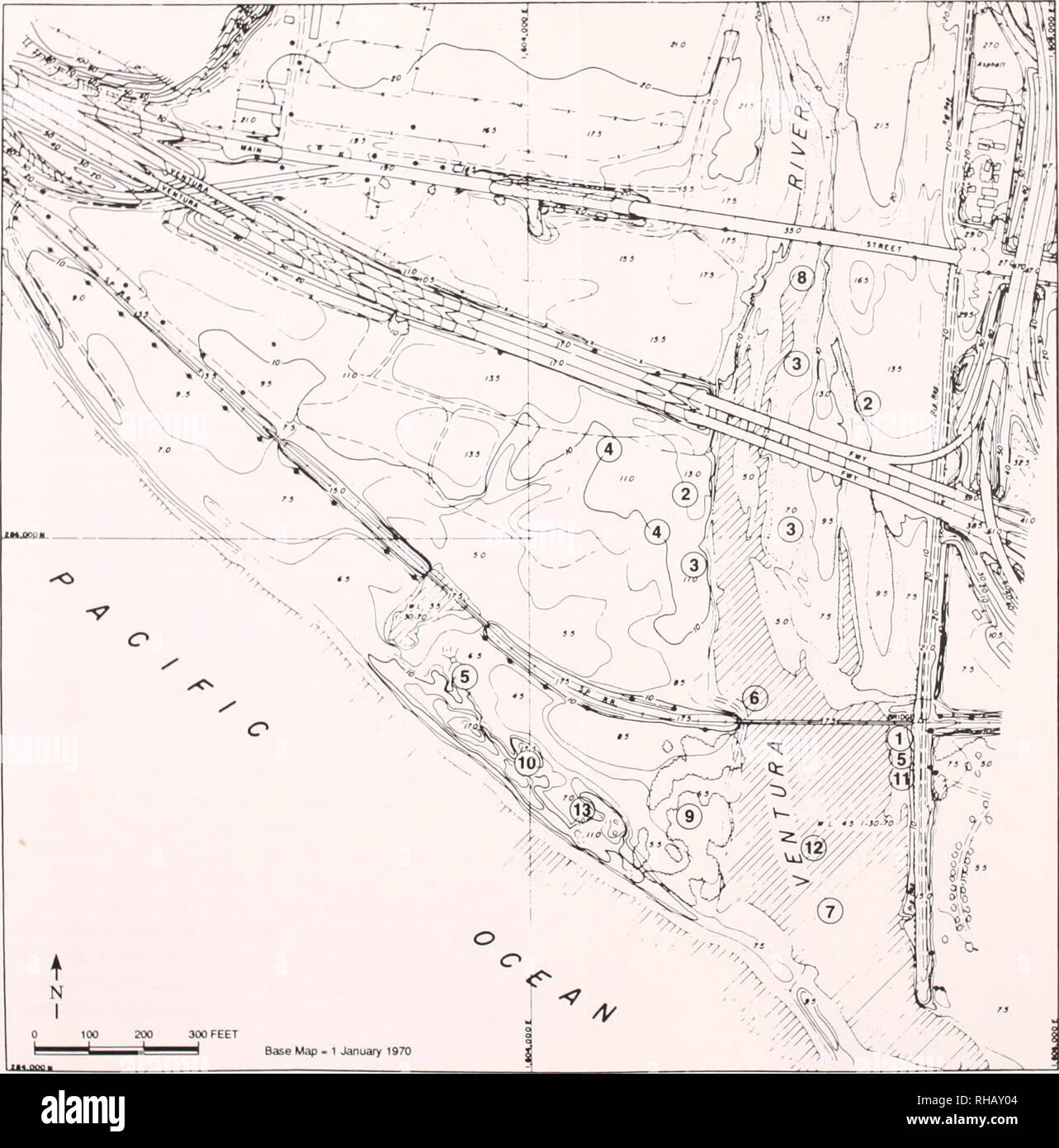 . Les ressources botaniques à Emma Wood State Beach et l'estuaire de la rivière de Ventura, Californie : inventaire et de gestion : rapport à l'état de California Department of Parks and Recreation / par Wayne R. Ferren Jr. ... [Et al.].. Les plantes ; Californie ; Emma Wood State Beach. ; plantes ; Californie ; Ventura et de l'estuaire de la rivière.. 107 Fig. 37. Répartition des espèces de plantes d'intérêt spécial 1. Tortue à Rush 2. Noix de Californie 3. Oxytropis de Californie du Sud 4. Lapin de Chaparral Mallow 5. 6. Les animaux de Mansa Yerba 7 Guillemot marbré. Pluvier neigeux 8. Tortue de l'Ouest 9. Le Monarque (roost historique) 10. Ti Banque D'Images