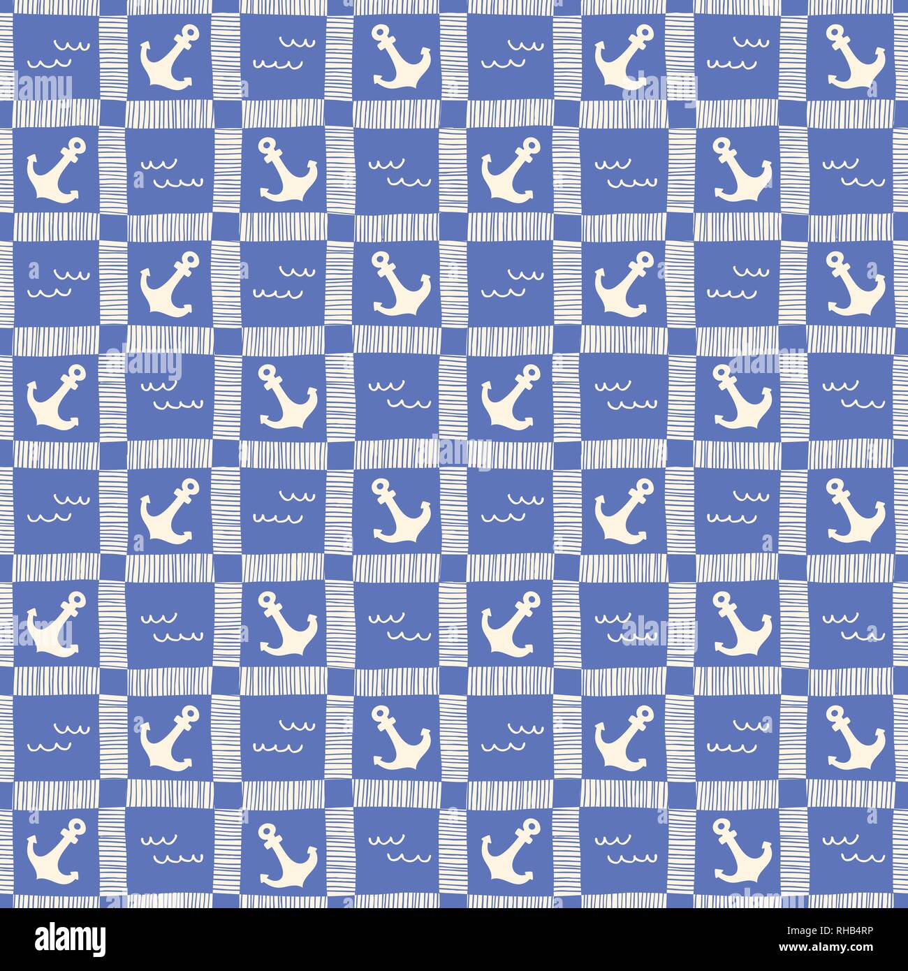 Hand-Drawn nautique Monochrome Plaid avec ancres et vecteur des ondes. Transparente Fond marin bleu Preppy. Sea, Ocean Éléments. Illustration de Vecteur