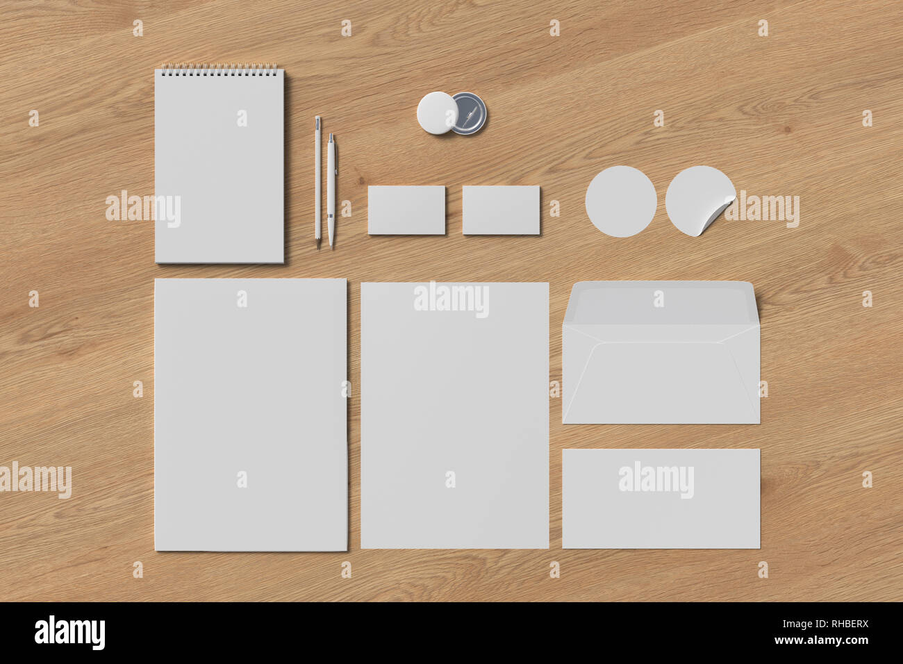 L'identité de l'entreprise. Ensemble de marque stationnaire des maquettes sur fond de bois. 3d illustration Banque D'Images