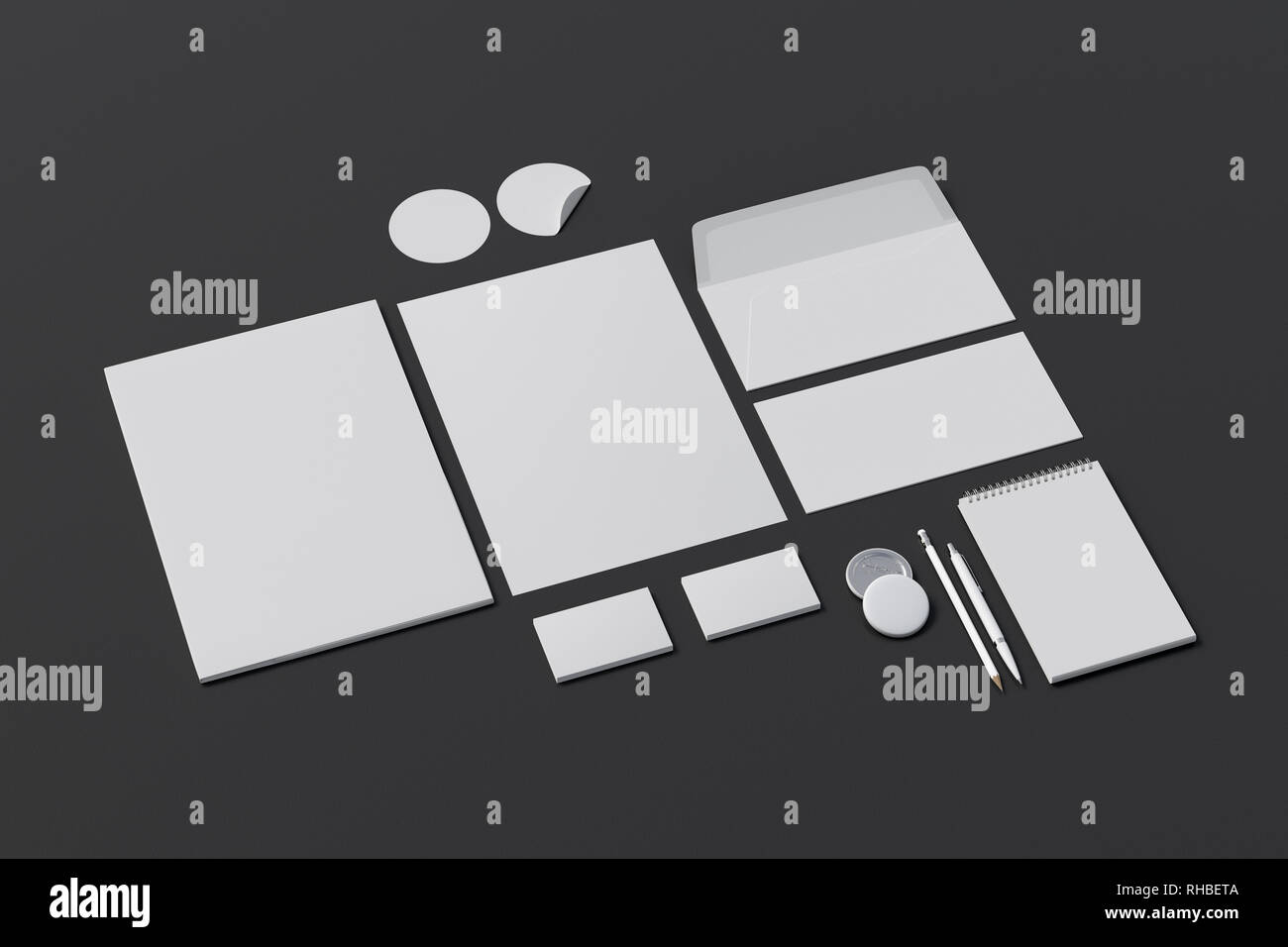 Identité de l'entreprise. Maquette de mise en place de la marque de papeterie sur fond noir Banque D'Images