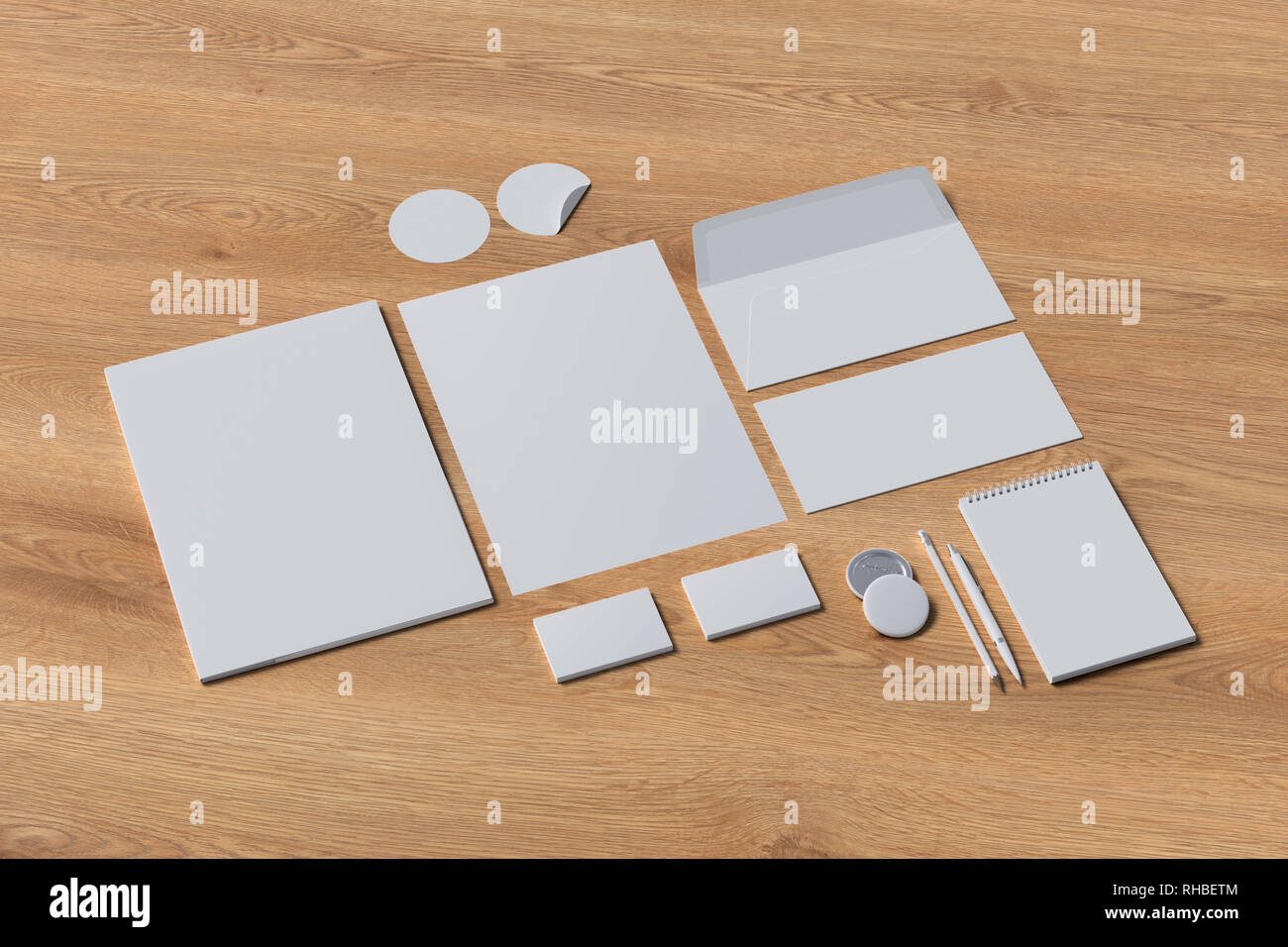 Identité de l'entreprise. Maquette de marquage stationnaire sur fond en bois Banque D'Images
