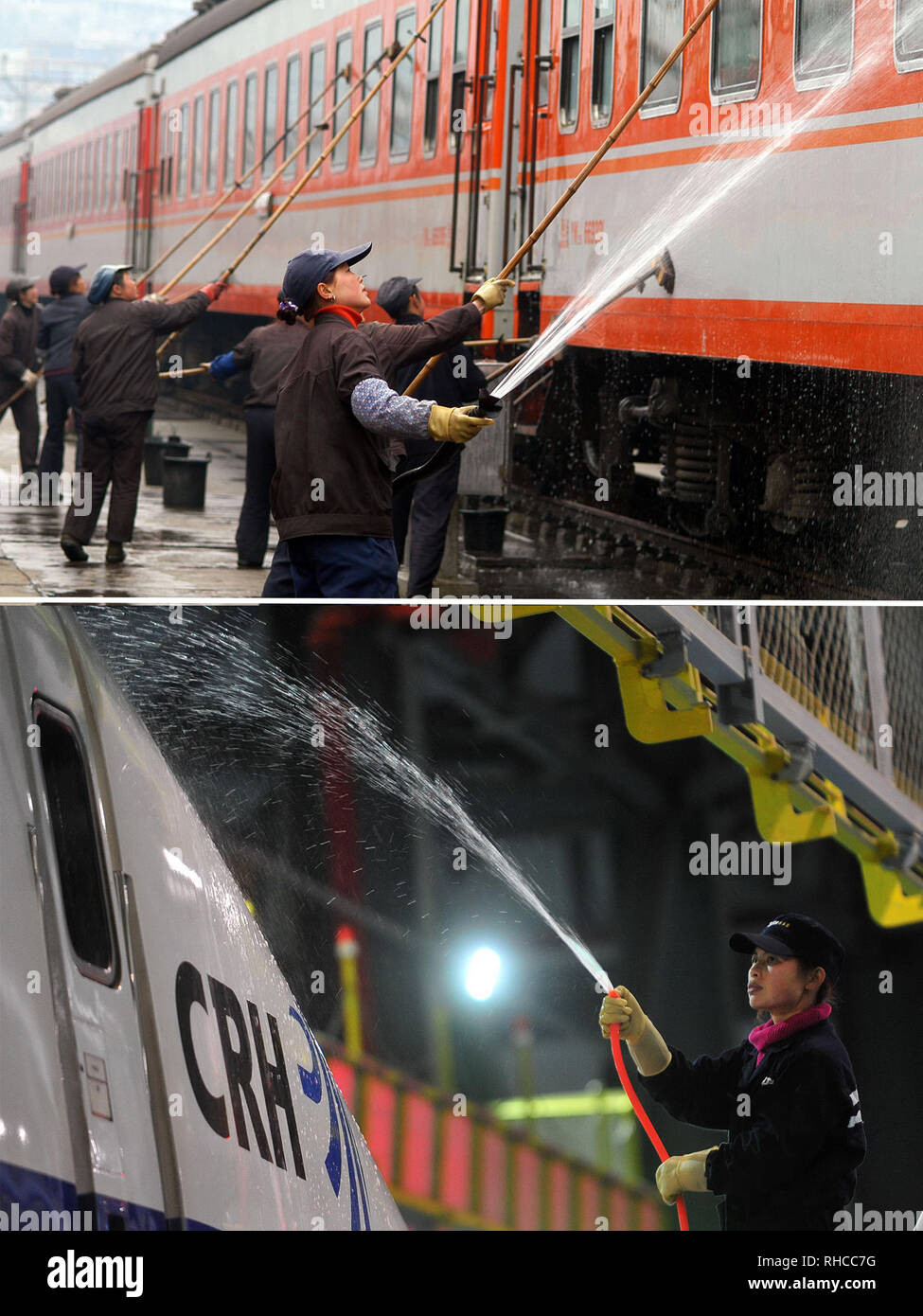 (190202) -- BEIJING, 2 février 2019 (Xinhua) -- ce combo photo montre un train de lavage d'entretien à la fin de la saison des voyages de la fête du printemps à la gare de Guiyang de Guiyang, province du Guizhou, au sud-ouest de la Chine, le 5 mars 2005 (en haut, photo prise par Wu Dongjun) ; et un nettoyant lave un bullet train dans un dépôt central à Wuhan, Province de Hubei en Chine, dès le 10 février 2011 (en bas, photo prise par Cheng Min). La Chine connaît son rapport annuel "spécial 40 jours de festival du printemps ou les rush, qui est surnommé le "plus grand des migrations sur la planète, avec des voyages de 2,99 milliards à faire vo Banque D'Images