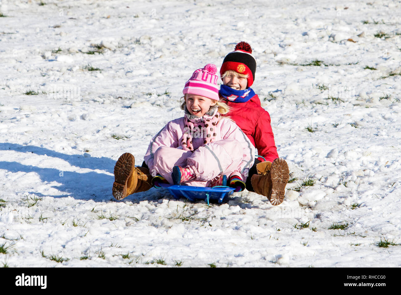 Chippenham, Wiltshire, Royaume-Uni. 2 Février, 2019. Les enfants de profiter de la neige avant qu'il ne dégèle illustrés dans un parc local à Chippenham comme ils glissent sur une colline sur un traîneau. Credit : Lynchpics/Alamy Live News Banque D'Images