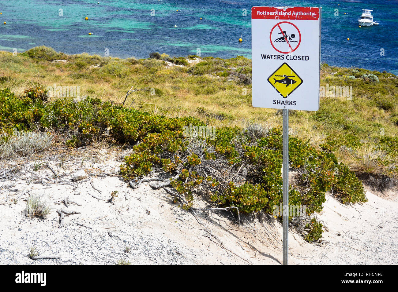 Panneau indiquant la natation dans les eaux de l'île de Rottnest est interdit à cause du risque élevé de rencontrer des requins. Dangers de l'Australie occidentale, scary Banque D'Images