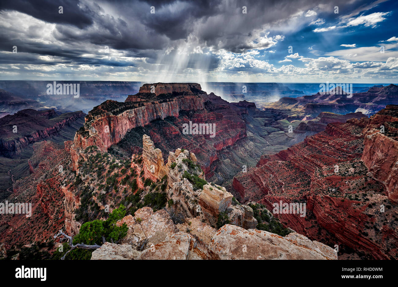 Orage et rayons de soleil sur Grand Canyon, trône Wotans, Cape Royal vue, Arizona, USA Banque D'Images