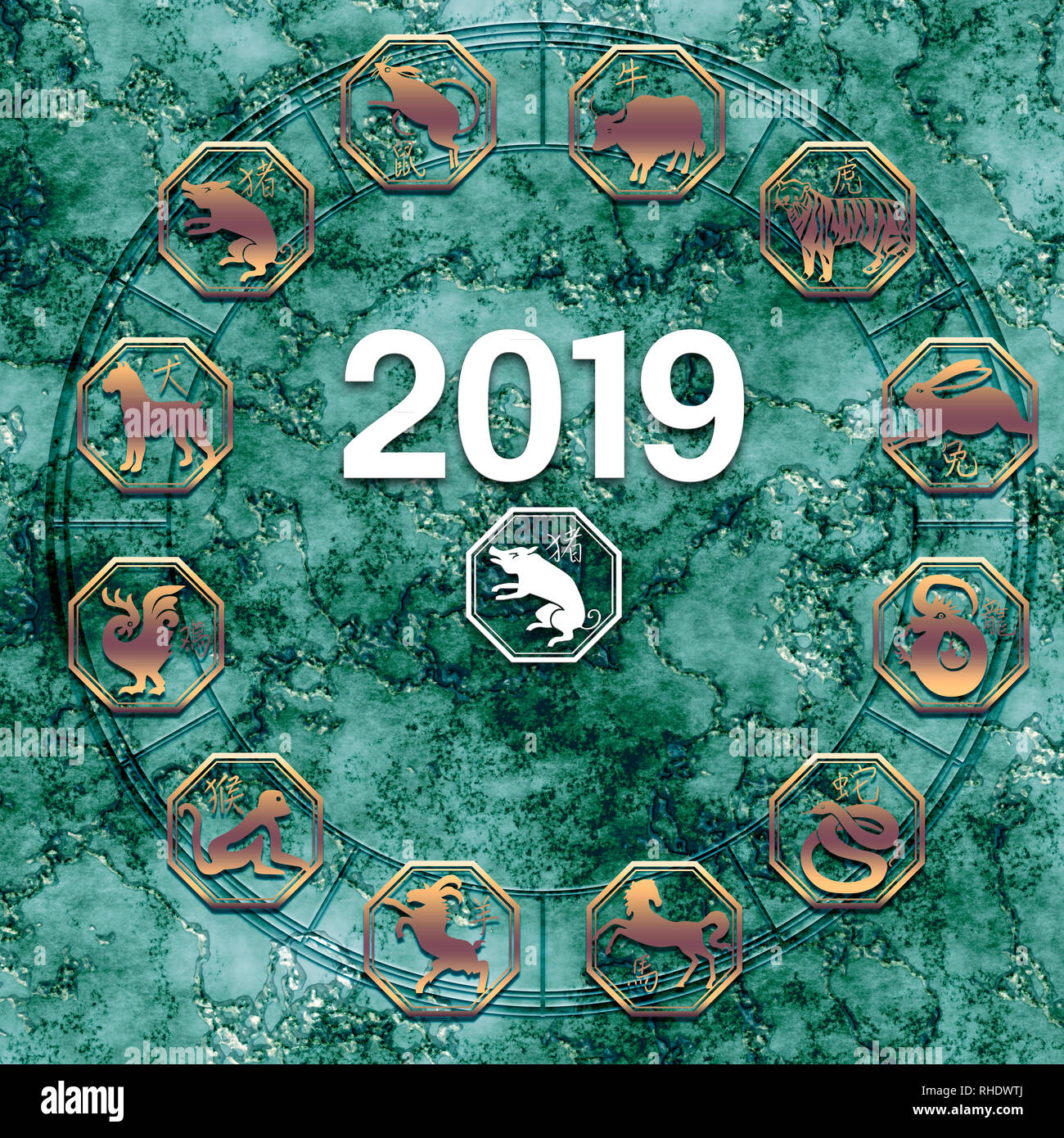 Roue d'astrologie chinoise avec tous les signes du zodiaque chinois et 2019 année du Cochon Banque D'Images