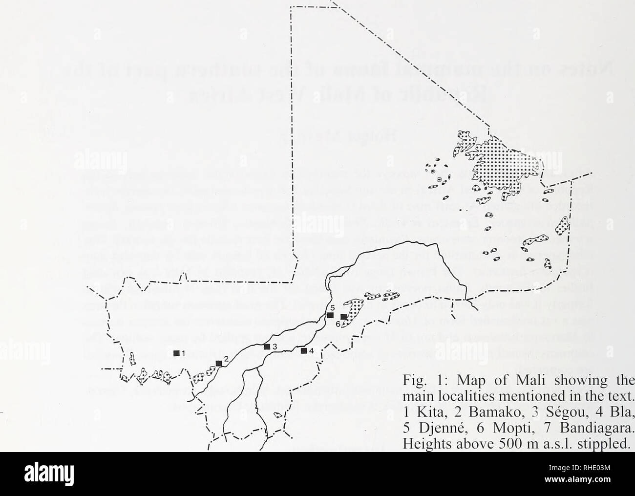. Bonner zoologische Beiträge : Herausgeber : Zoologisches Forschungsinstitut und Museum Alexander Koenig, Bonn. Biologie ; Zoologie. 102 H. Mein ig. Gazetteer Kita 13° 02'N, 9° 29' W 12° 39 Bamako'N, 7°58'W Ségou 13°26'N, 6°15'W river Bani entre Ségou et Bla, 13° 12' N, 5° 54' W 12° 56 Bla'N, 5°45'W Dogulu, Arrdt. Bla 12° 55' N, 5° 38' W Kéméni, Arrdt. Bla 12° 58' N, 5° 33' W Wakoro, Arrdt. Bla 12° 56' N, 5° 39' W Yamena, Arrdt. Bla 12° 57' N, 5° 45' W 13° 54 Djenné'N, 4° 33' W 14° 20 Bandiagara' N, 3° 36' W, Ireli Arrdt. Bandiagara 14° 34' N, 3° 15' W Kani-Kombole, Arrdt. Bandiagara 14° 08' N Banque D'Images