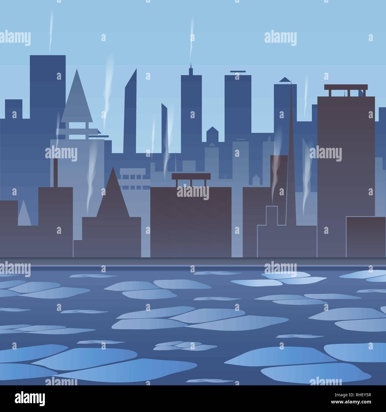 L'hiver dans la ville. Ville par la rivière. Rivière avec de la glace. anomal gelées. Eps 10 Illustration de Vecteur