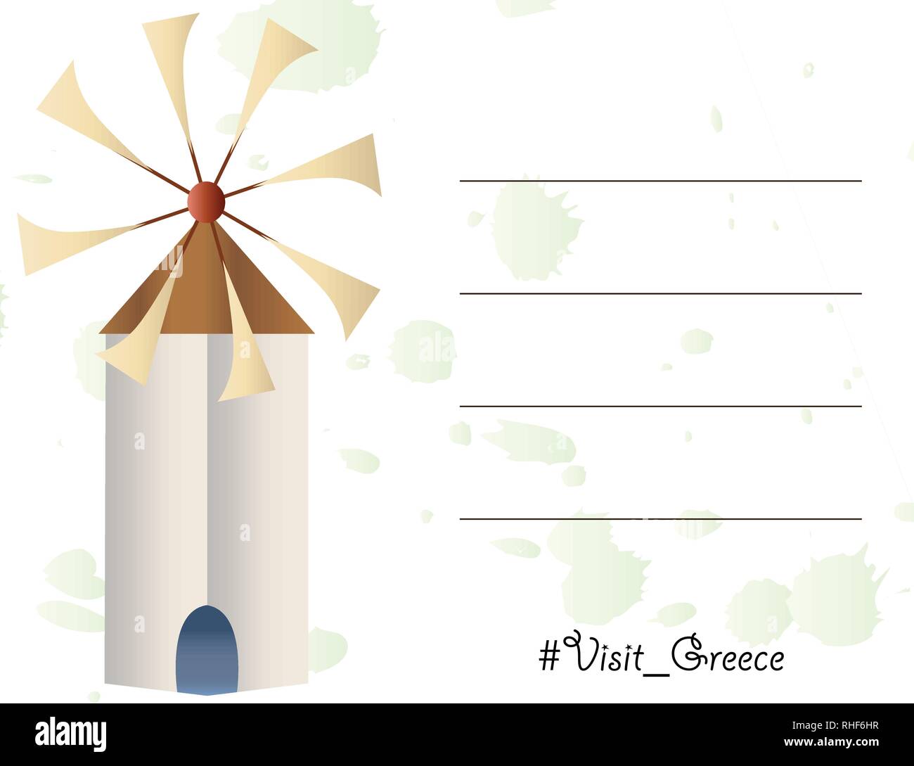 Carte de souhaits avec le moulin à vent traditionnel grec - Visiter la grèce logo - les lignes vides d'écrire Illustration de Vecteur