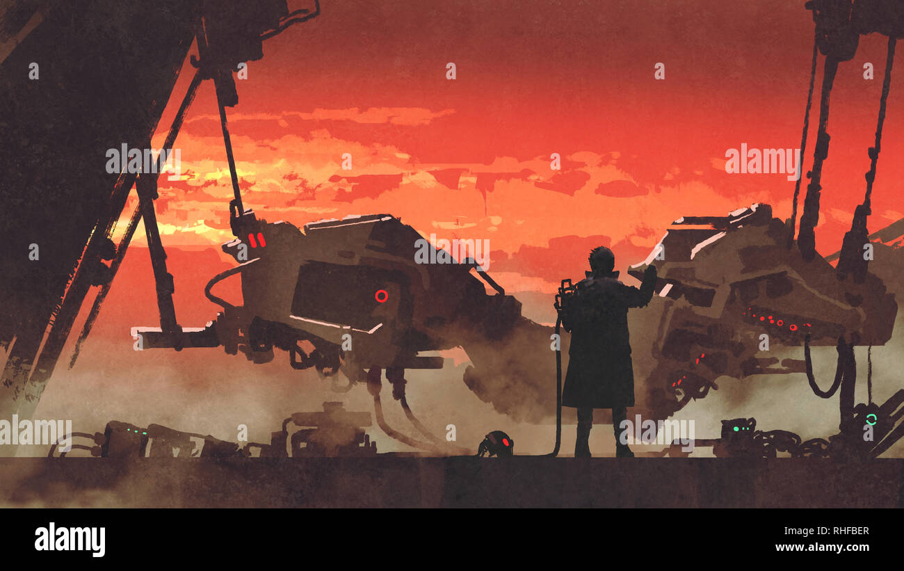 L'homme la réparation d'un véhicule futuriste en usine au coucher du soleil, de l'art numérique, style peinture illustration Banque D'Images