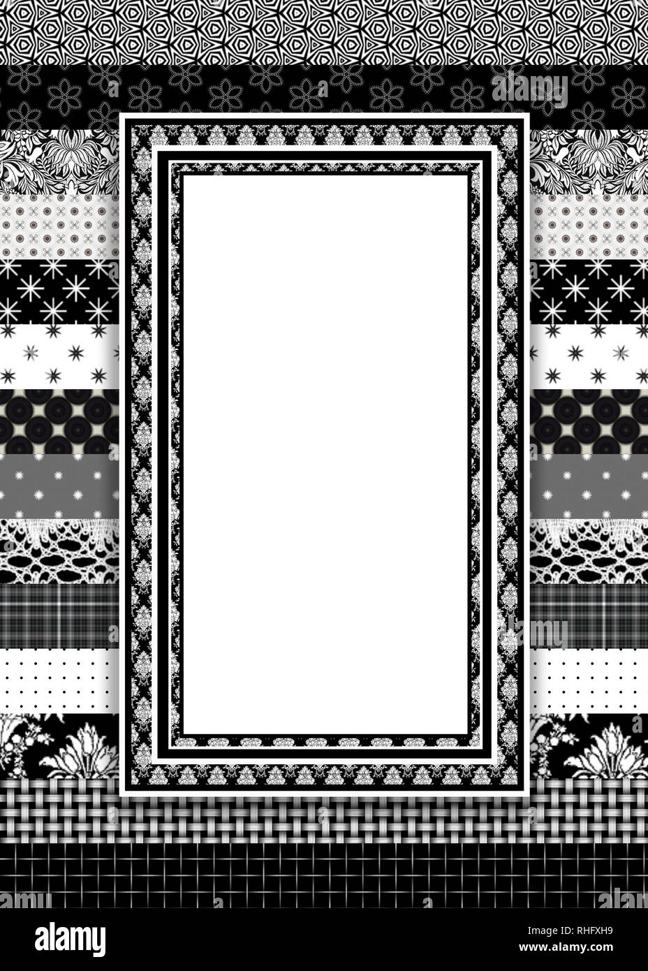 Arrière-plan graphique avec des couches de tissu-comme imprime n noir, gris et blanc. Certains ont des zones de texte dans le centr de l'image. Banque D'Images