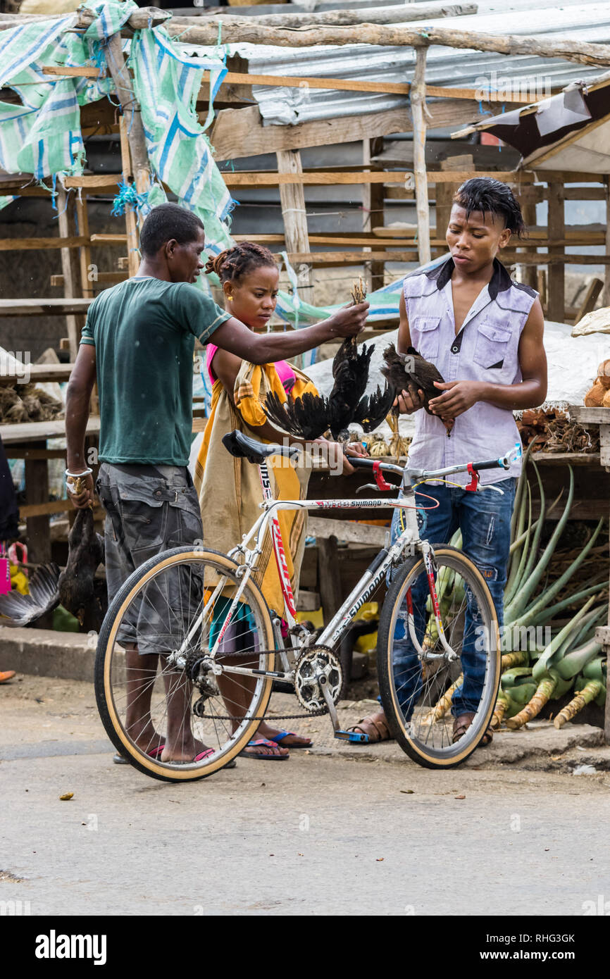 Toliara, Madagascar - Janvier 10th, 2019 : hommes malgaches vivant commercial du vendeur de poulets sur le marché local dans la région de Toliara, Madagascar. Banque D'Images