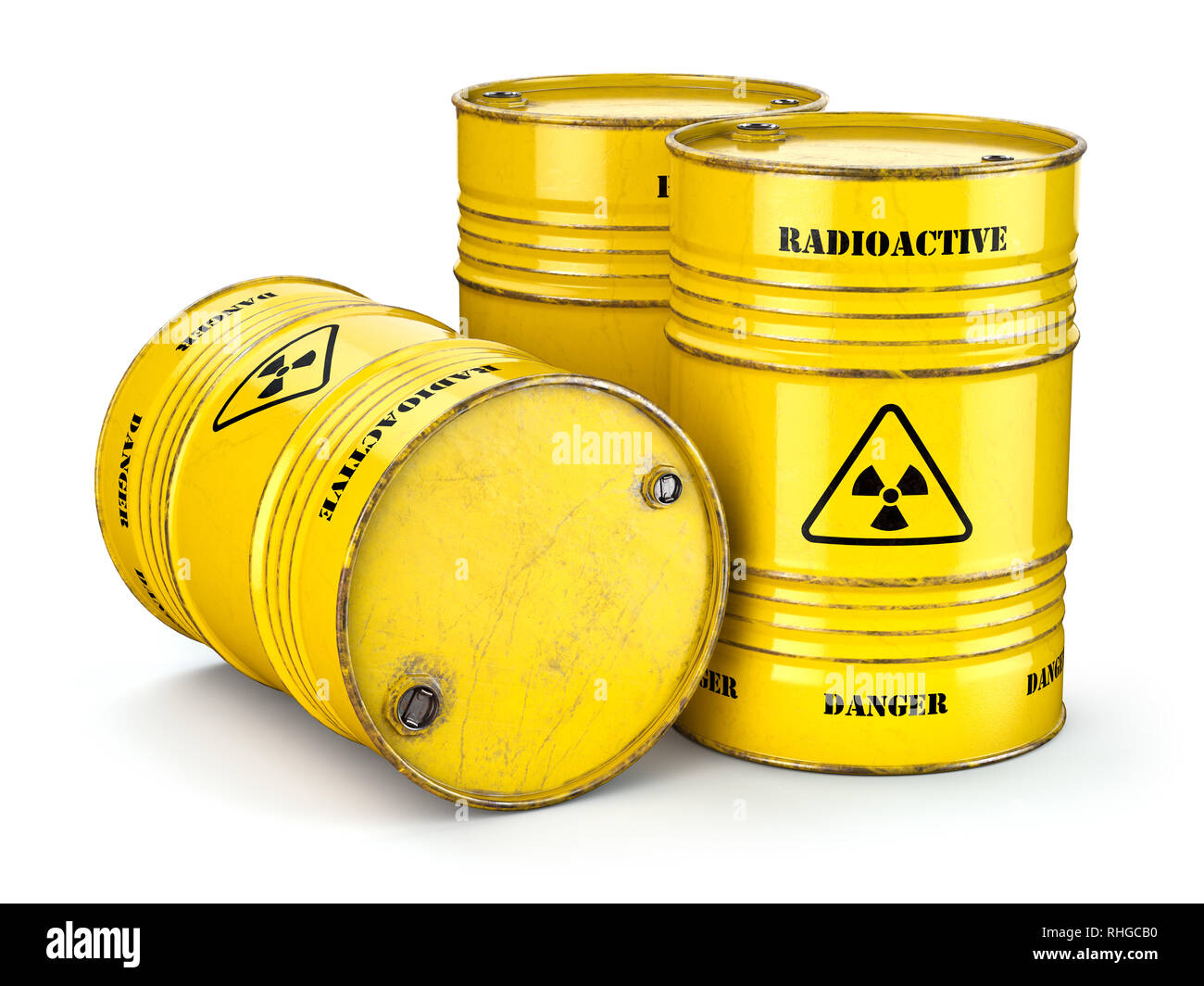 Les tonneaux avec les déchets radioactifs isolé sur blanc, la fabrication de l'énergie nucléaire et l'utilisation de matériaux radioctive. 3d illustration Banque D'Images