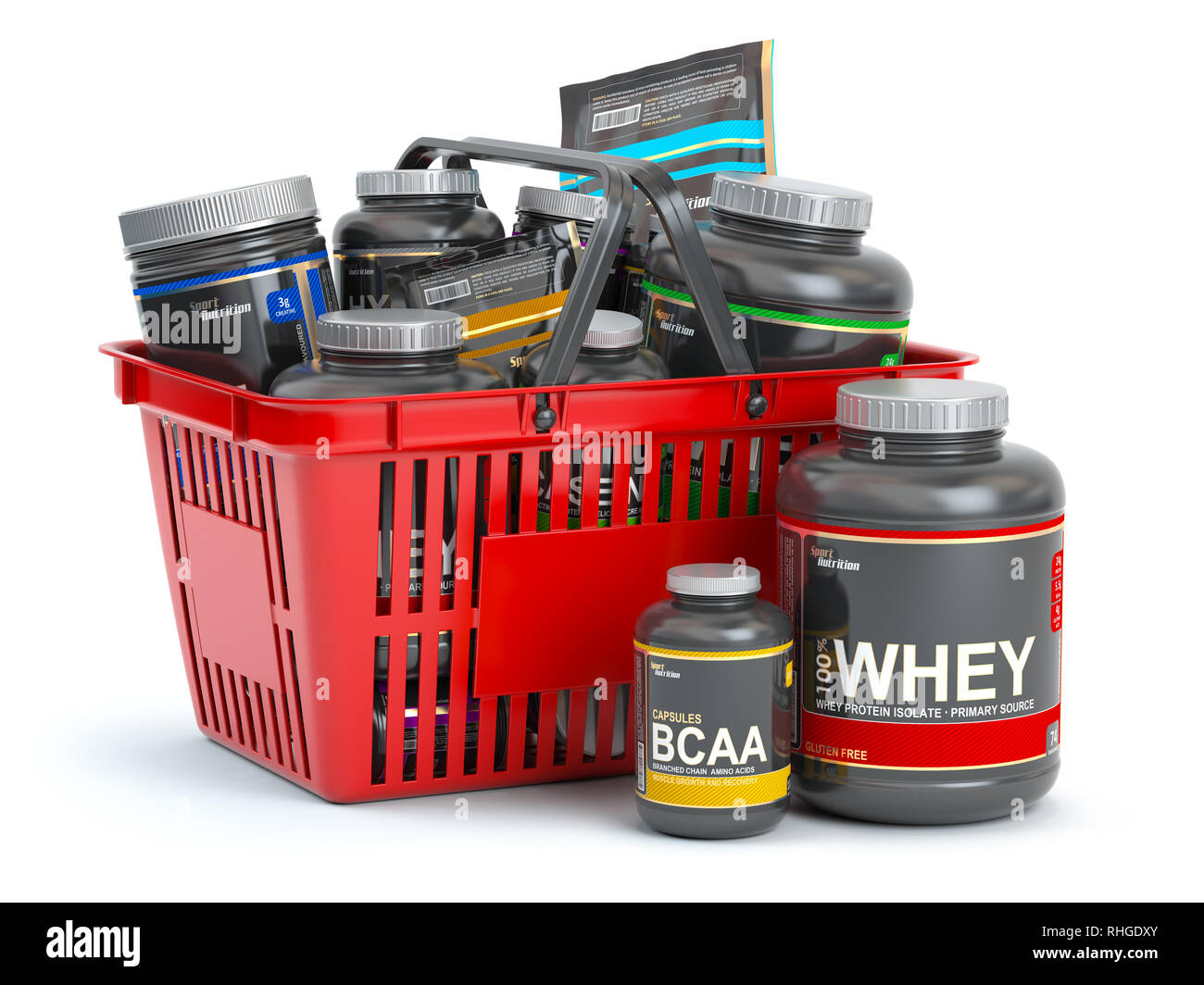 Sports nutrition (les suppléments) pour le culturisme dans le panier d'isolaed sur blanc. Whey bcaa proteinand . 3d illustration Banque D'Images