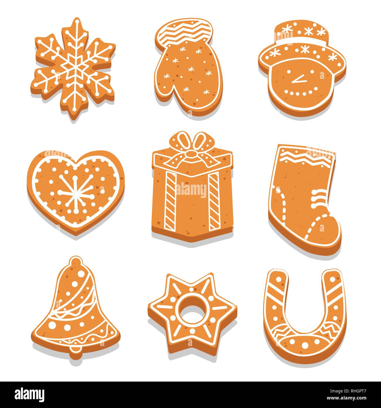 Ensemble de gingerbread cookies décorés de forme différente, maison de traiter, Flocon, mitten, bonhomme de neige, coeur, vector illustration Illustration de Vecteur