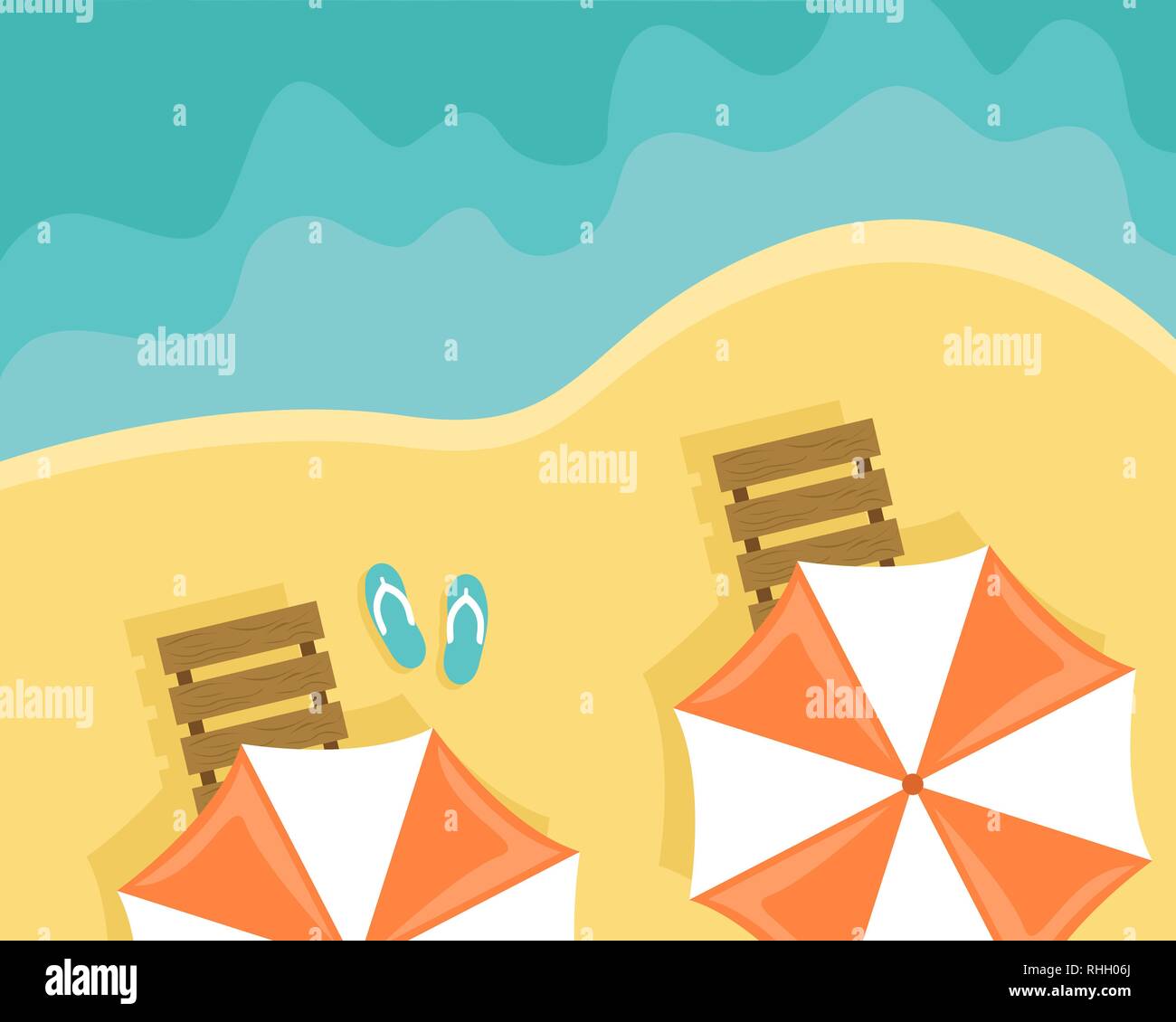 Plage avec chaises longues et parasols. Télévision vector illustration. Vue d'en haut Illustration de Vecteur