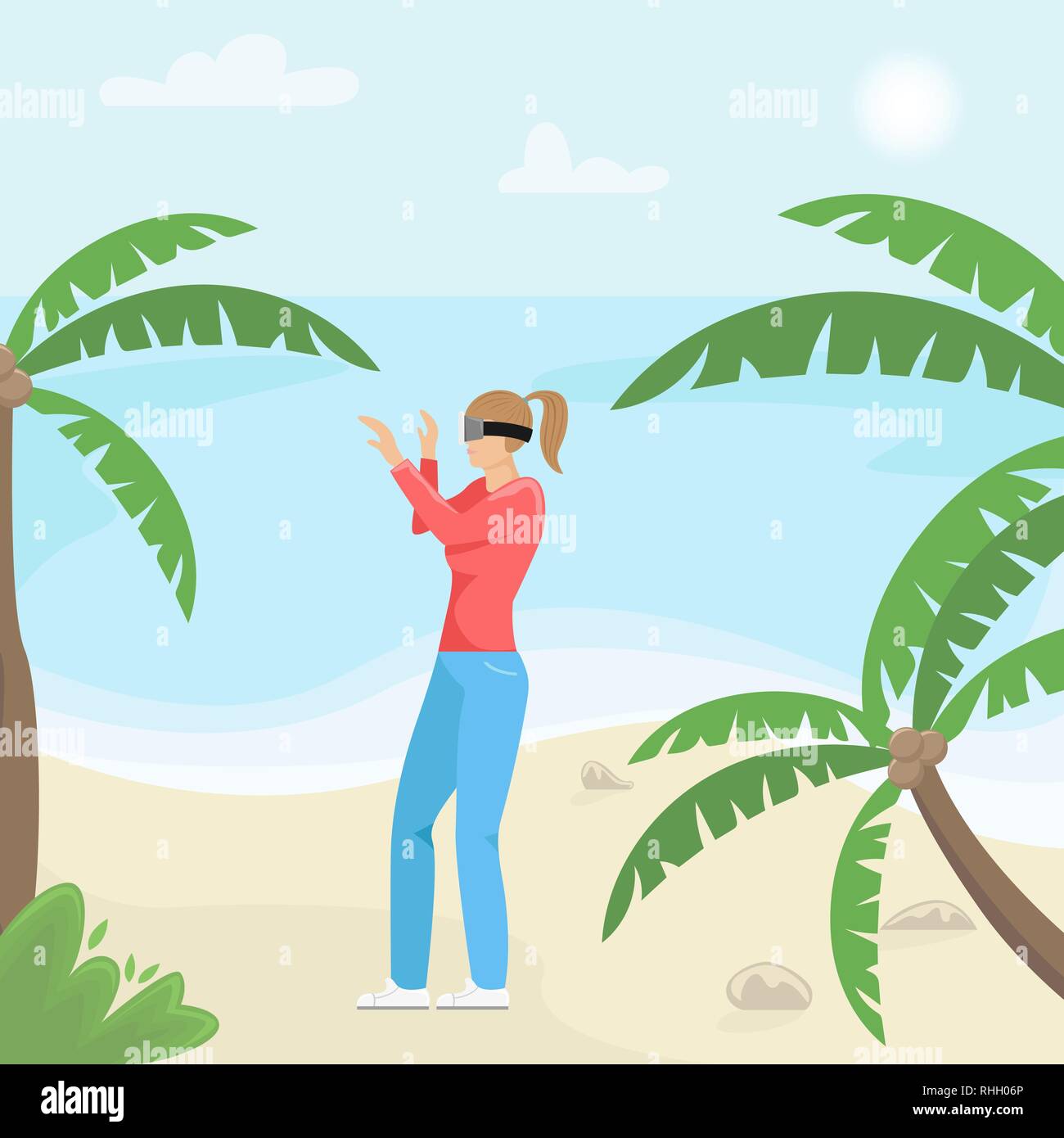 Fille avec des lunettes de réalité virtuelle. Les tropiques. La technologie moderne. Télévision vector illustration. Illustration de Vecteur
