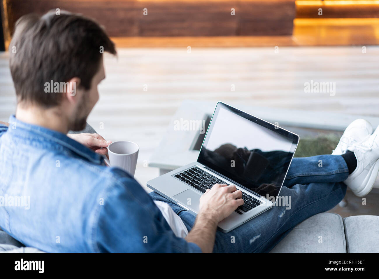 Young attractive smiling guy consulte à son ordinateur portable, assis à la maison sur le canapé gris à la maison, le port de tenue décontractée. Banque D'Images