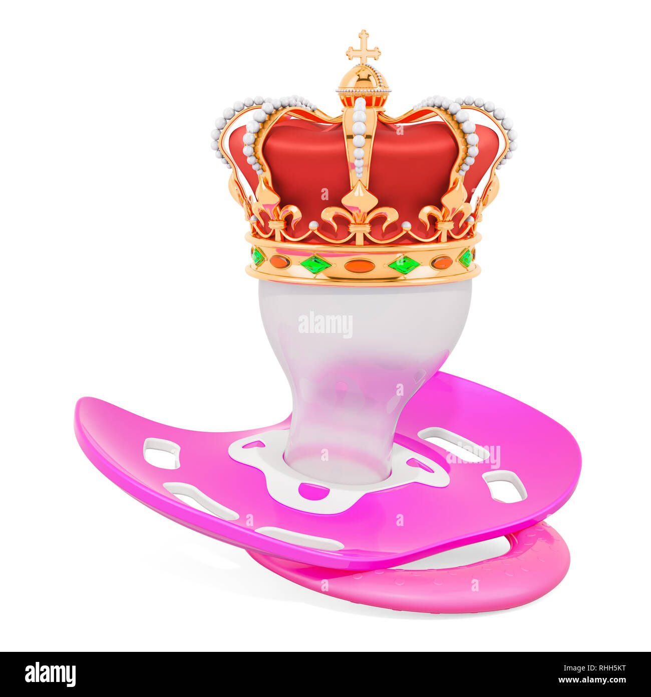 Sucette rose avec couronne d'or. Concept bébé royal, rendu 3D isolé sur fond blanc Banque D'Images
