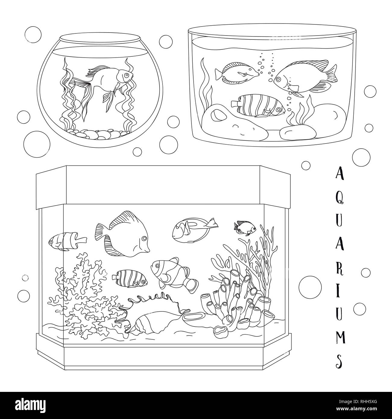 Ensemble aquarium en verre Forme différente pour l'intérieur à la maison. Jeu de poisson et d'eau bleue. Illustration de Vecteur