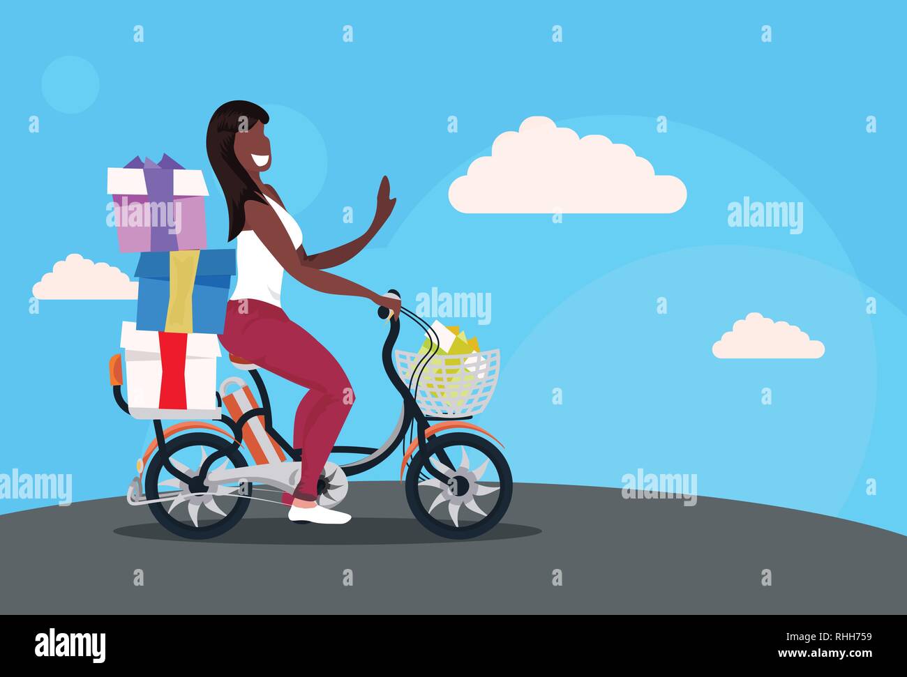 Location vélo femme transportant gifts coffrets cadeaux des fêtes concept african american girl riding bike femme pleine de caractère de dessin animé Illustration de Vecteur