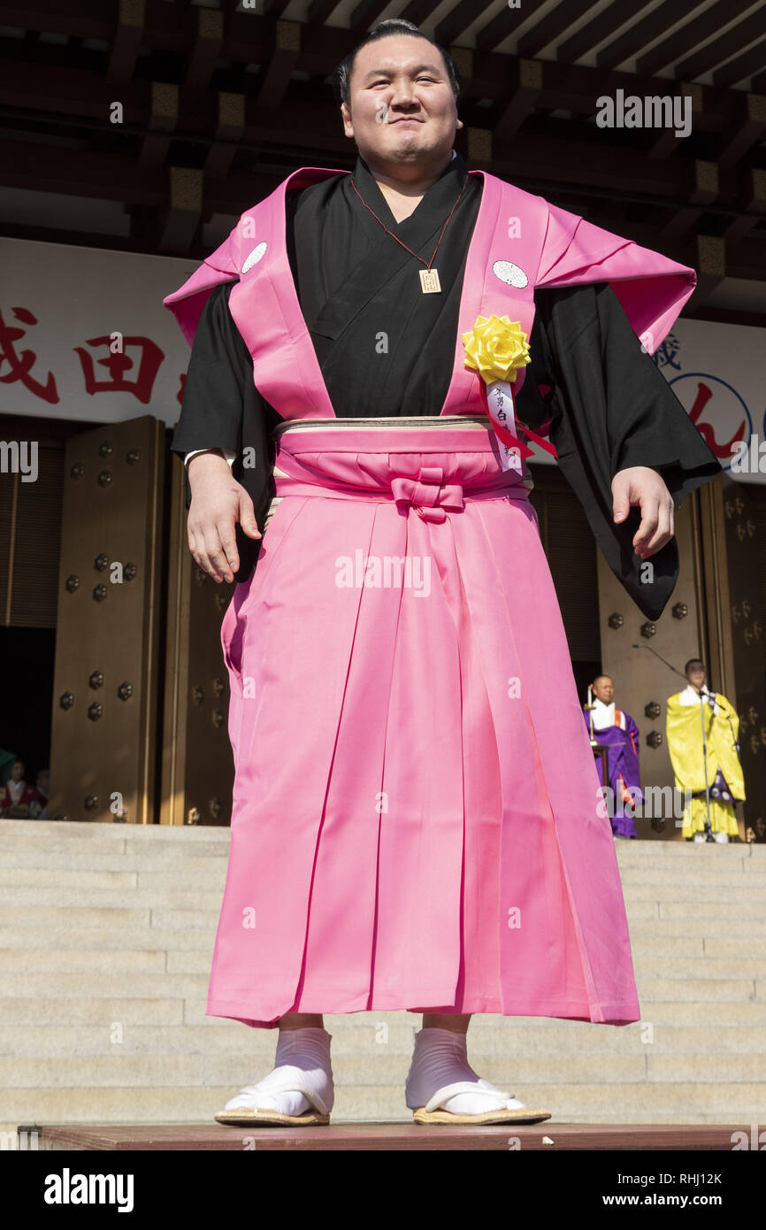 Chiba, Japon. 3, 2019. Lutteur de Sumo Hakuho Sho assiste à la fête de Setsubun Naritasan Shinshoji Temple dans le centre de Narita. Le festival annuel a lieu à Naritasan Shinshoji Temple avec célébrités japonaises et les lutteurs de sumo jetant le soja au peuple pour éloigner les mauvais esprits et d'inviter la bonne fortune. Credit : Rodrigo Reyes Marin/ZUMA/Alamy Fil Live News Banque D'Images