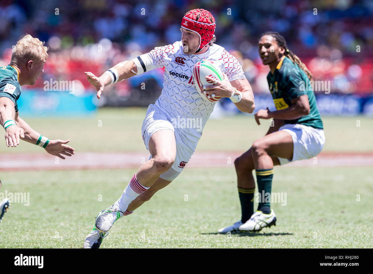 Sydney, Australie. 3 2019. Phil Burgess, de l'Angleterre marque un essai au cours du trimestre victoire finale contre l'Afrique du Sud à la HSBC 2019 Sydney 7s at Sydney Olympic Park, Sydney, Australie, le 3 février 2019. Photo de Peter Dovgan. Credit : UK Sports Photos Ltd/Alamy Live News Banque D'Images