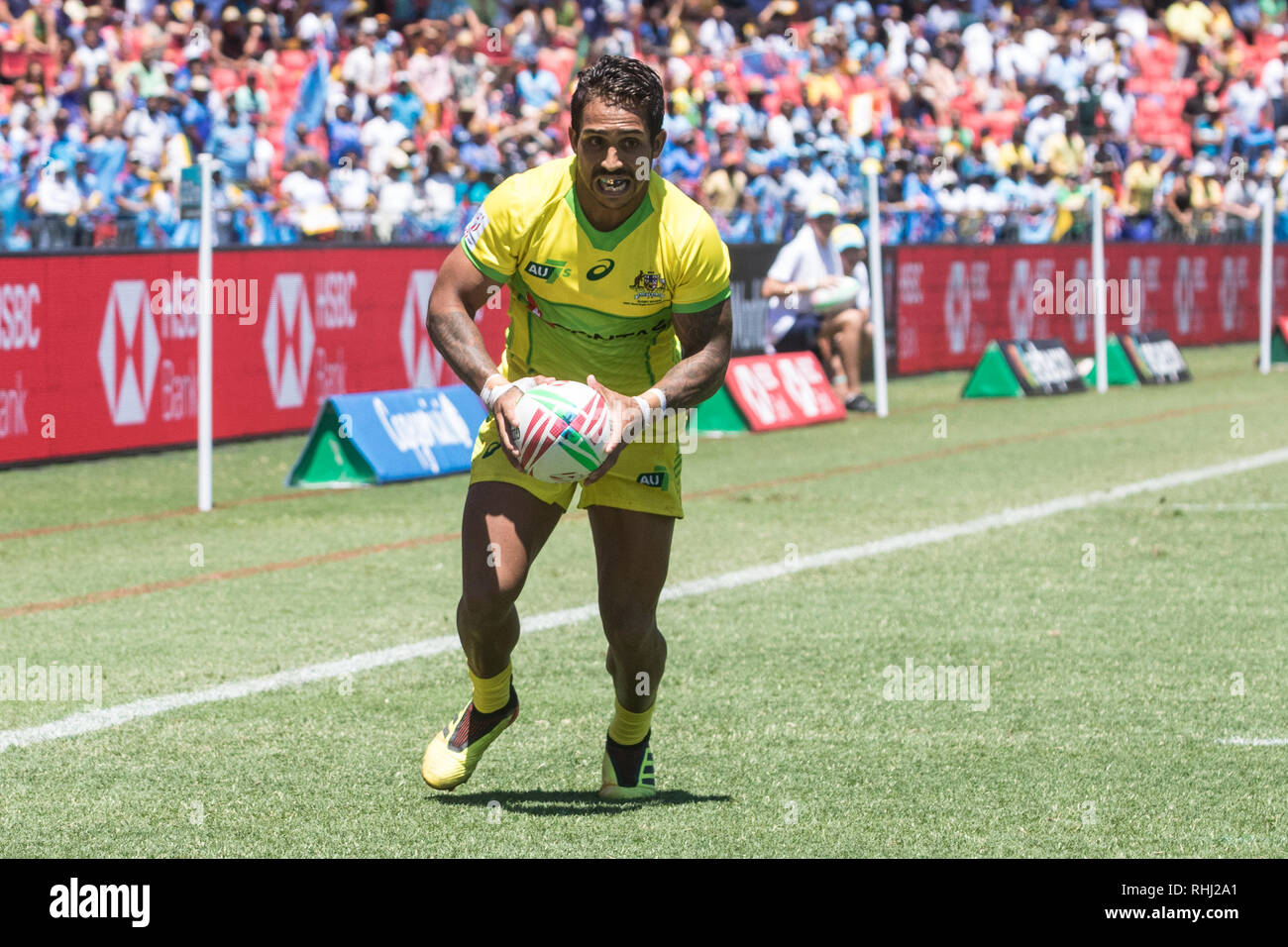 Sydney, Australie. 3 2019. Maurice Longbottom d'Australie marque un essai au cours de la HSBC 2019 Sydney 7s at Sydney Olympic Park, Sydney, Australie, le 3 février 2019. Photo de Peter Dovgan. Credit : UK Sports Photos Ltd/Alamy Live News Banque D'Images