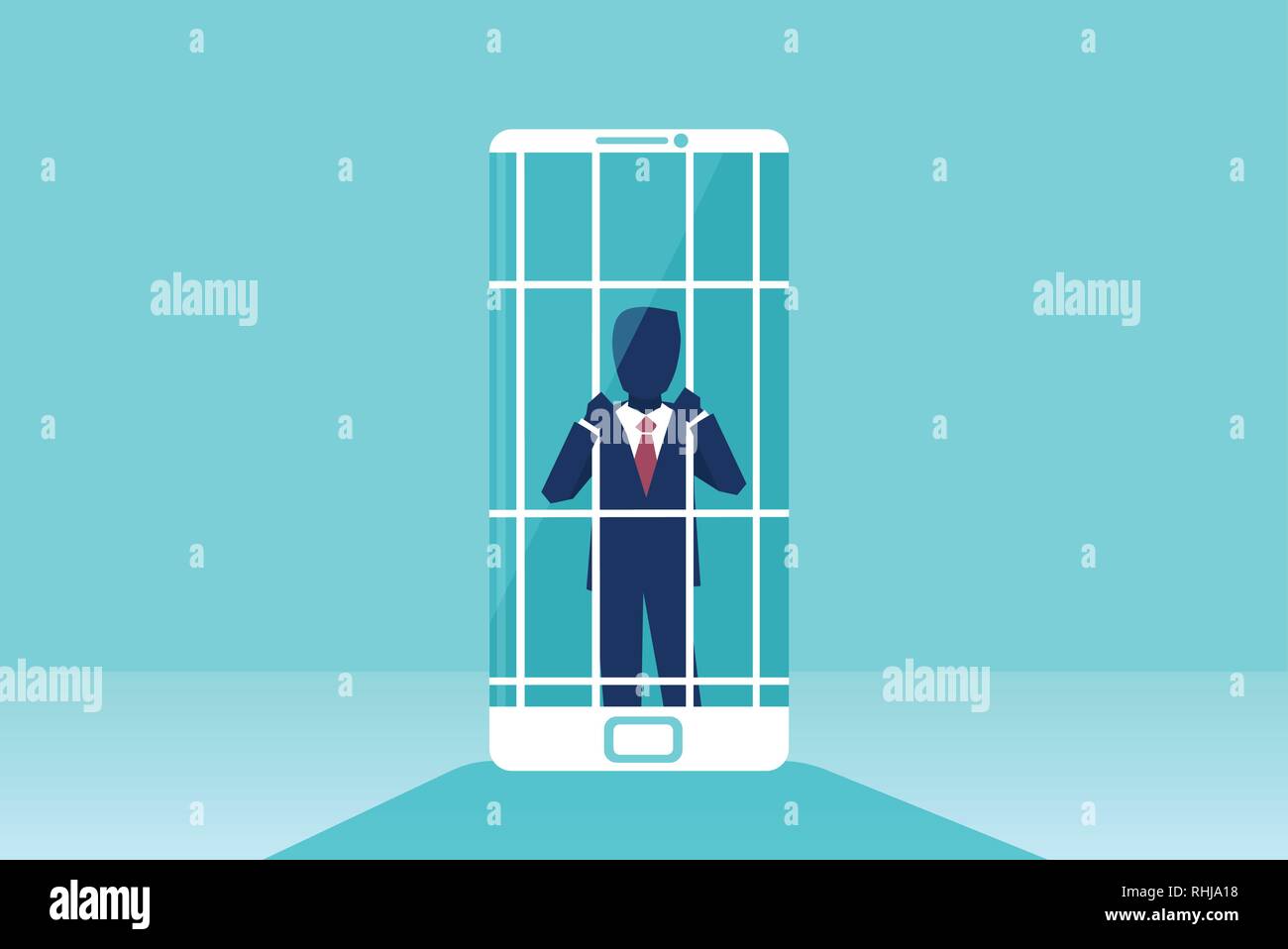 Prisonnier de téléphone mobile et des toxicomanies concept. Vecteur d'un businessman accro à téléphone portable. Caractère malheureux à l'intérieur de smart phone, comme symbole de danger Illustration de Vecteur