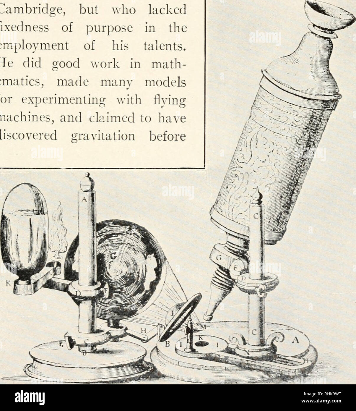 . La biologie et ses décideurs. Biologie -- Histoire. INTRODUCTION DU MICROSCOPE 55 observation scopiques n'a pas produit ses excellents résultats jusqu'au xixe siècle, juste après les lentilles de grossissement a été grandement améliorée. Robert Hooke (1635-1703), de Londres, a publié en 1665 un livre d'observations au microscope droit Micro- graphia, qui était orné de quatre-vingt-trois assiettes de chiffres. Hooke était un homme d'une belle dotation mentale, qui avait reçu une bonne formation scientifique à l'Université de ./ Cambridge, fixité, mais qui n'avait pas de but dans l'emploi de ses talents. Il n g Banque D'Images