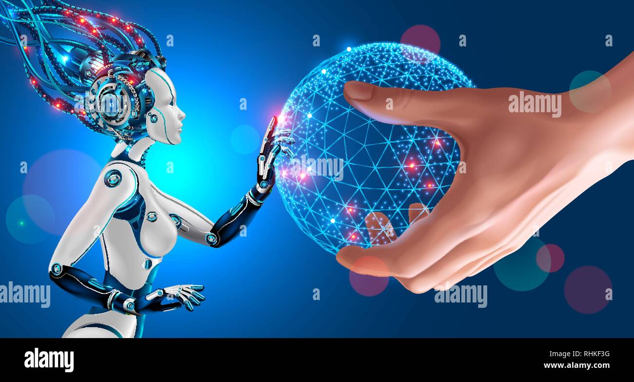 L'intelligence artificielle prend le contrôle de l'infrastructure de l'ensemble de la planète. L'homme s'étend sur le monde entier dans la paume de sa main d'un robot humanoïde avec Illustration de Vecteur