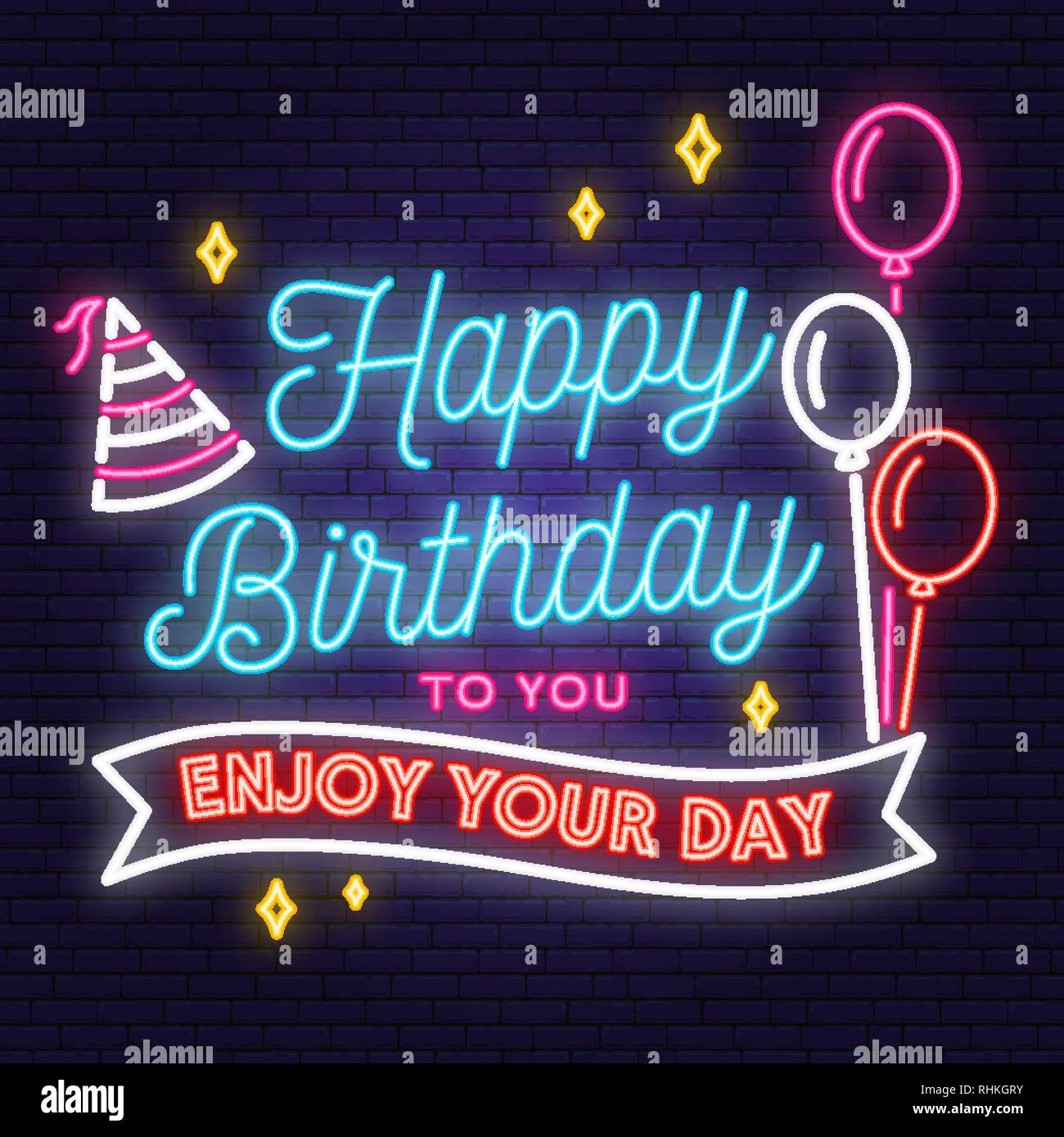 Joyeux Anniversaire A Vous Profitez De Votre Journee Stamp Badge Autocollant Carte Avec Bouquet De Ballons Et Anniversaire Hat Vecteur Vintage Design Typographique Pour L Embleme De L Anniversaire Dans Le Style Retro Image