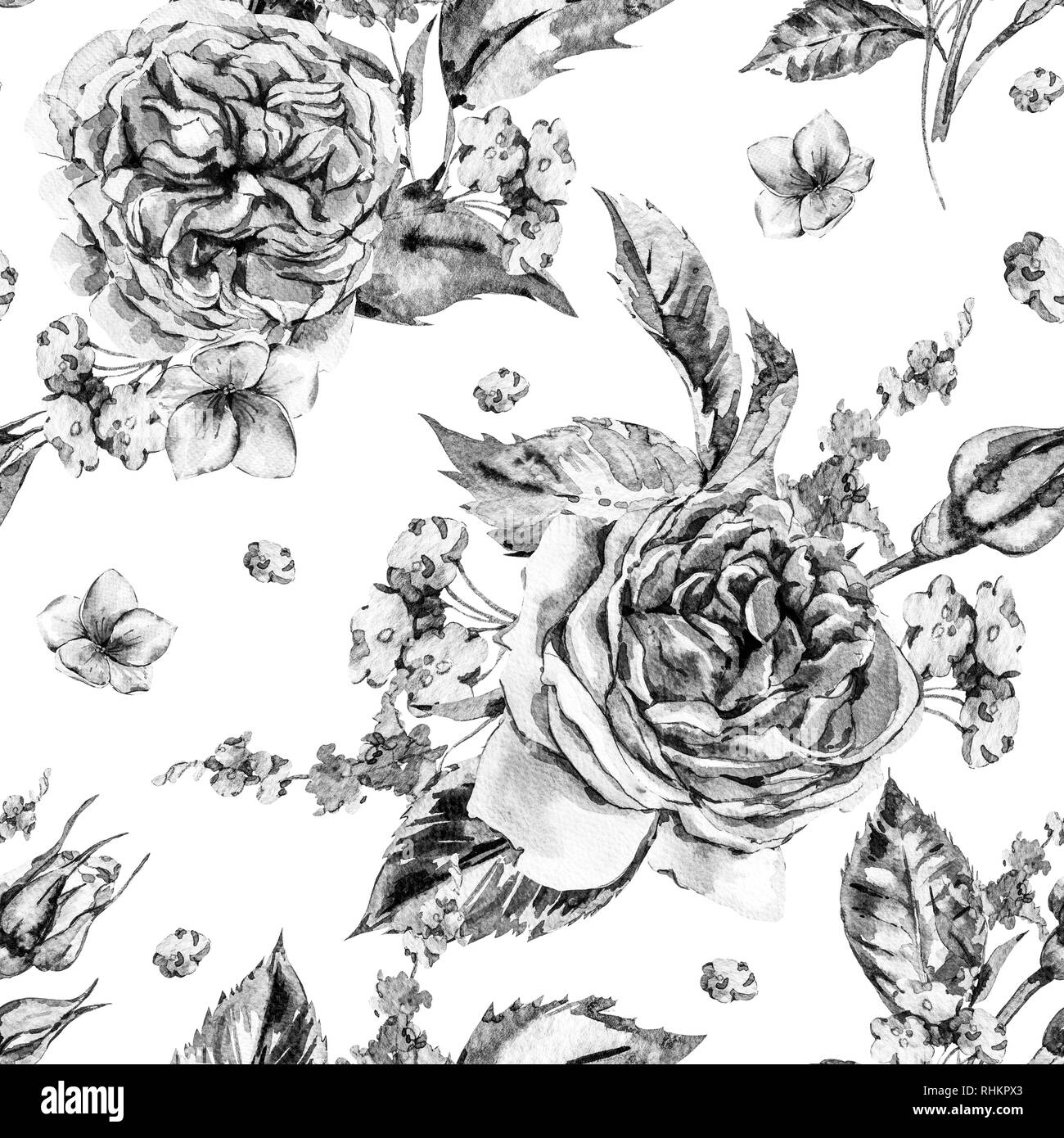 D'ÉTÉ Aquarelle monochrome classique Vintage Motif floral Seamless, Aquarelle Bouquet de roses noires et de fleurs sauvages, naturelles botaniques Illustrat Banque D'Images