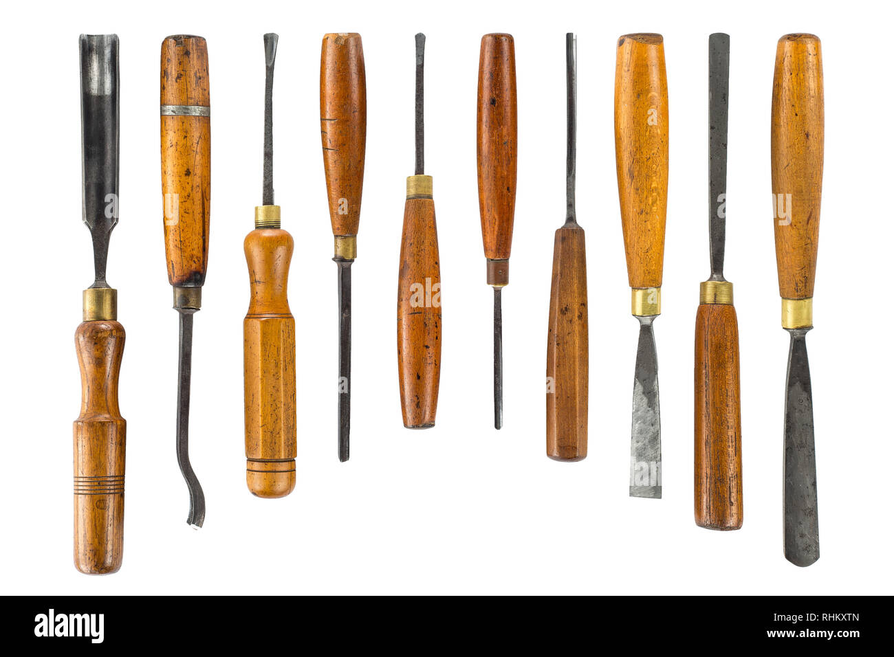 Ensemble de ciseaux à bois pour sculpture sculpture sur bois, des outils sur fond blanc Banque D'Images