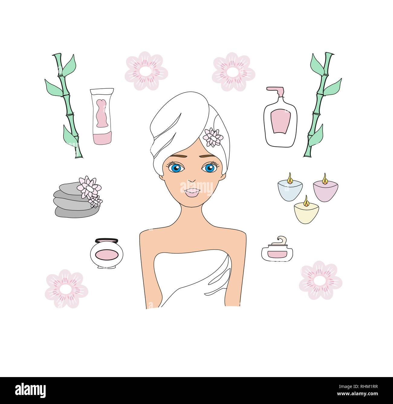 Belle femme d'un soin spa. Soins de beauté et de bien-être icons set Illustration de Vecteur