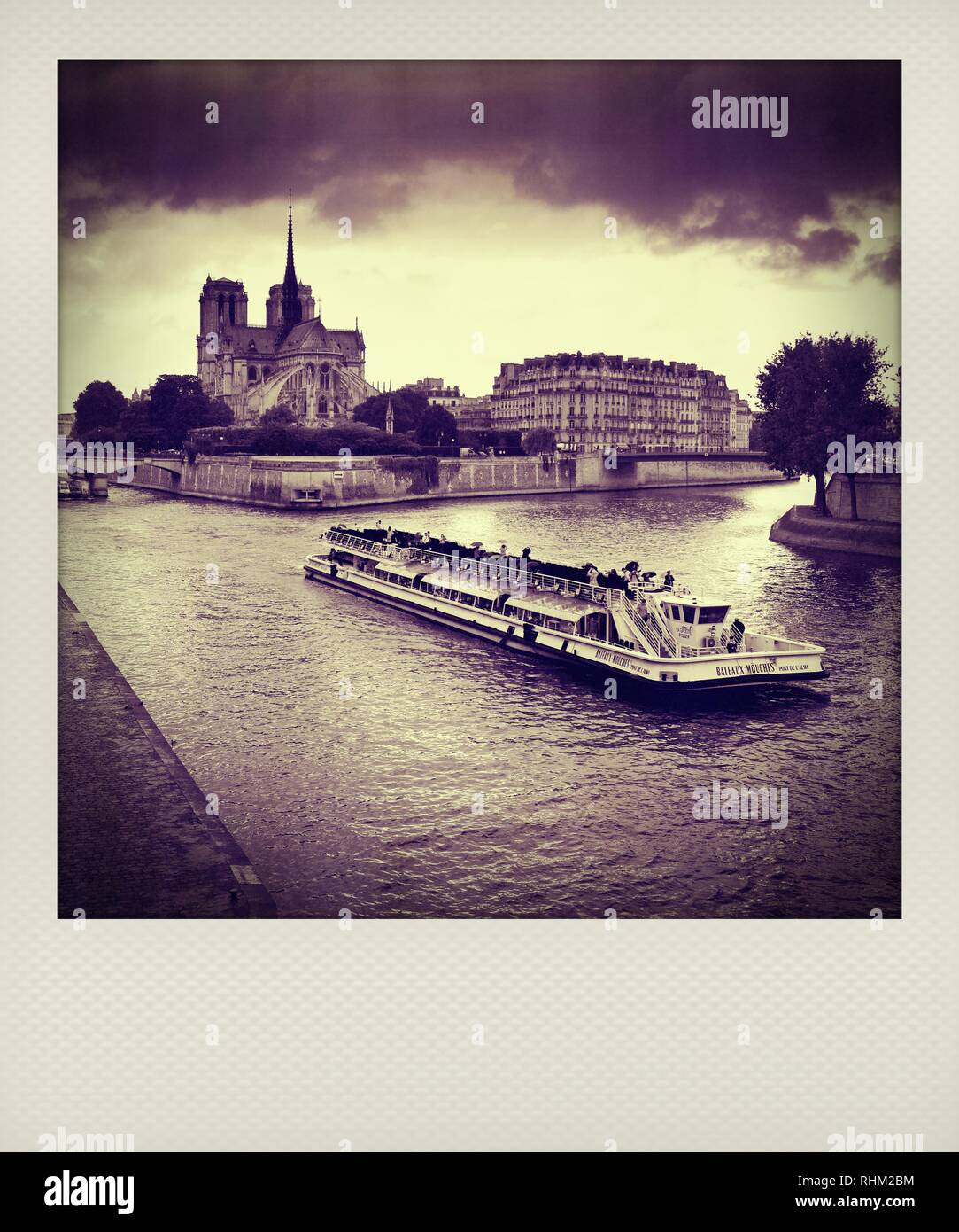 Effet Polaroid, bateau de tourisme sur la Seine, côté est de Notre-Dame de Paris Seine, Ile de la Cite, 4e arrondissement, Paris, France Banque D'Images