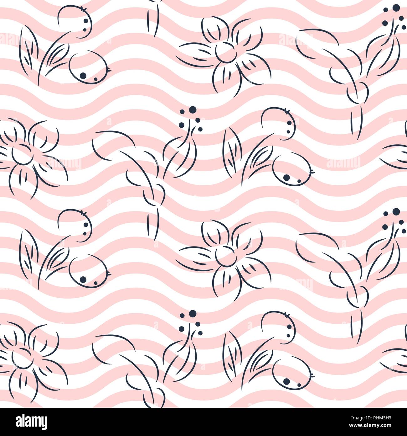 Motif à fleurs dessinés à la main, simple et rose vecteur conception lignes ondulées. Illustration de Vecteur