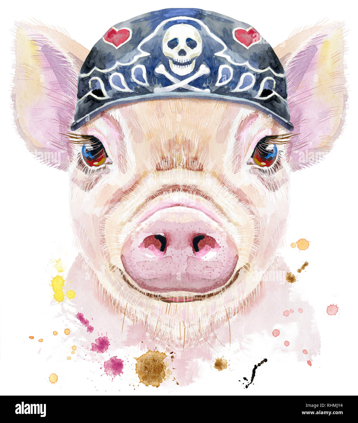 Portrait à l'aquarelle de mini pig portant bandana biker Banque D'Images