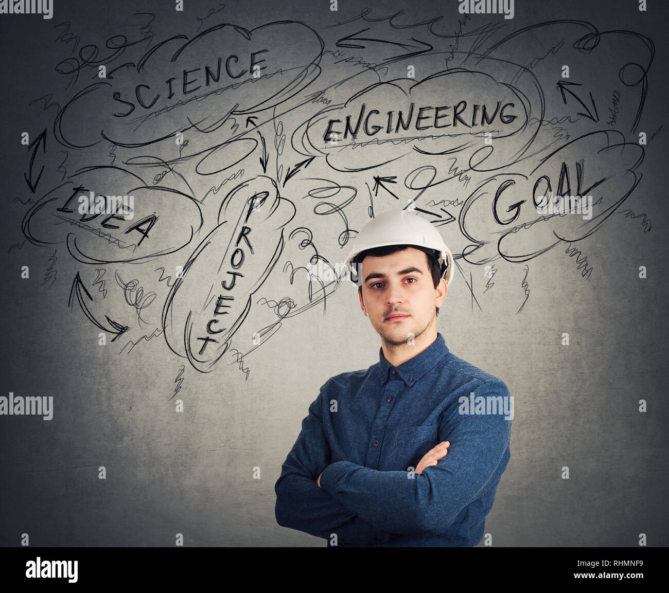 Confiance sérieux jeune homme portant des ingénieur helmet holding mains croisées et de l'ingénierie pensées comme des croquis en laissant la tête. Sci réussie Banque D'Images