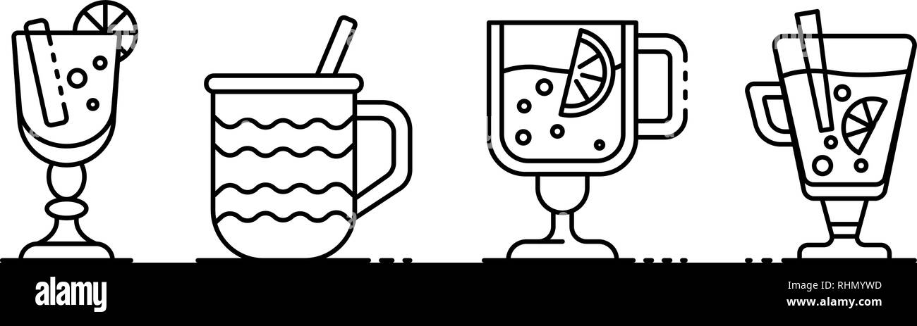 Vin chaud style du contour, icons set Illustration de Vecteur