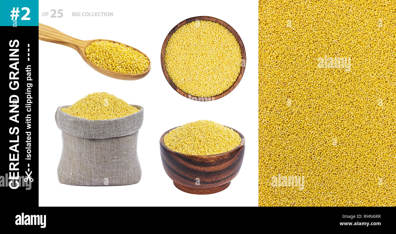 Graines de millet dans différentes vaisselle isolé sur fond blanc, collection Banque D'Images