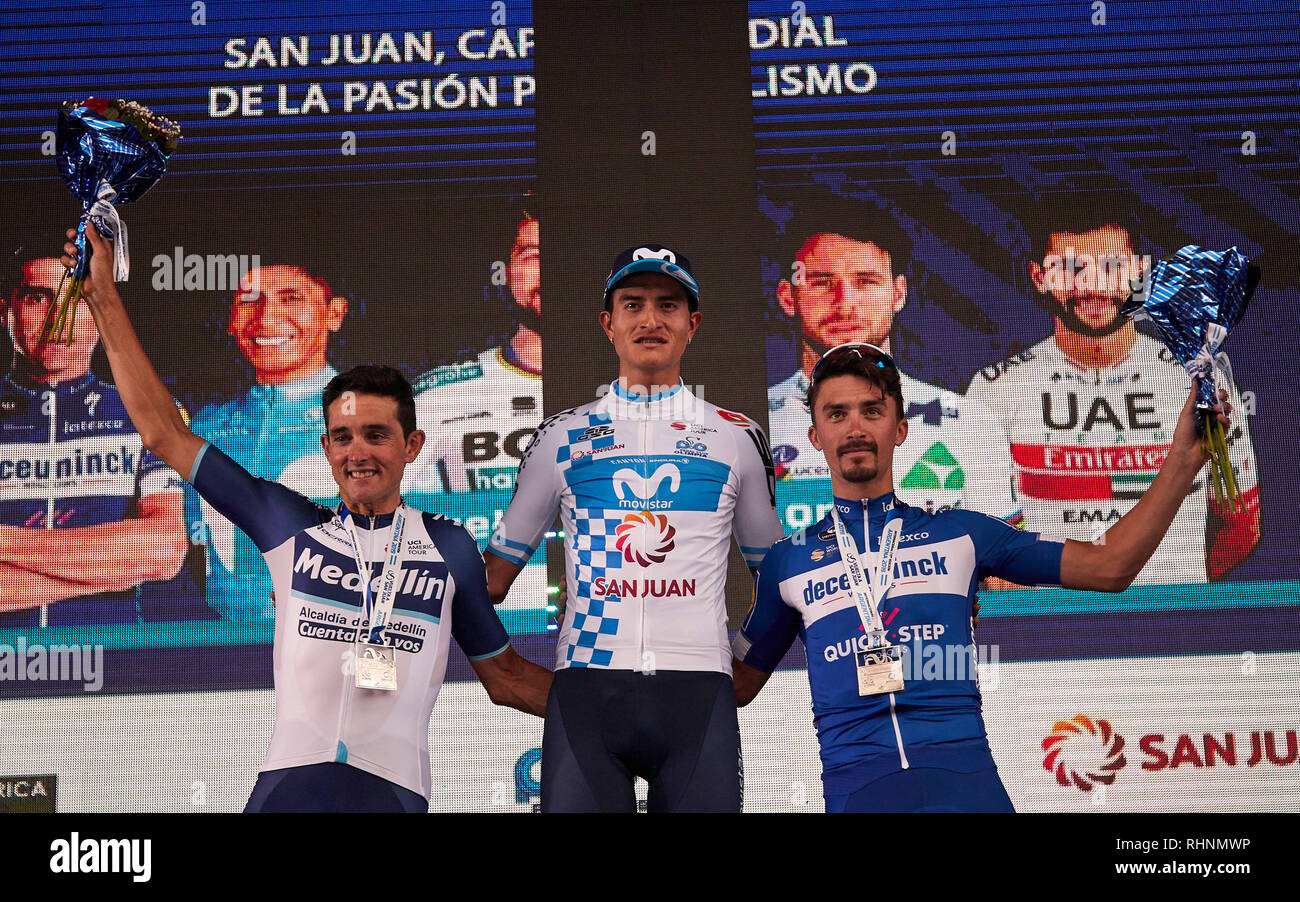 L'Argentine. 06Th Feb 2019. MENDOZA, ARGENTINE - 03 février : Winner Anacona a remporté le 37e Tour de San Juan 2019, Julian Alaphilippe deuxième place et Oscar Sevilla troisième lieu le 03 février 2019, à San Juan, Argentine. Crédit : Alexis Lloret/Alamy Live News Banque D'Images