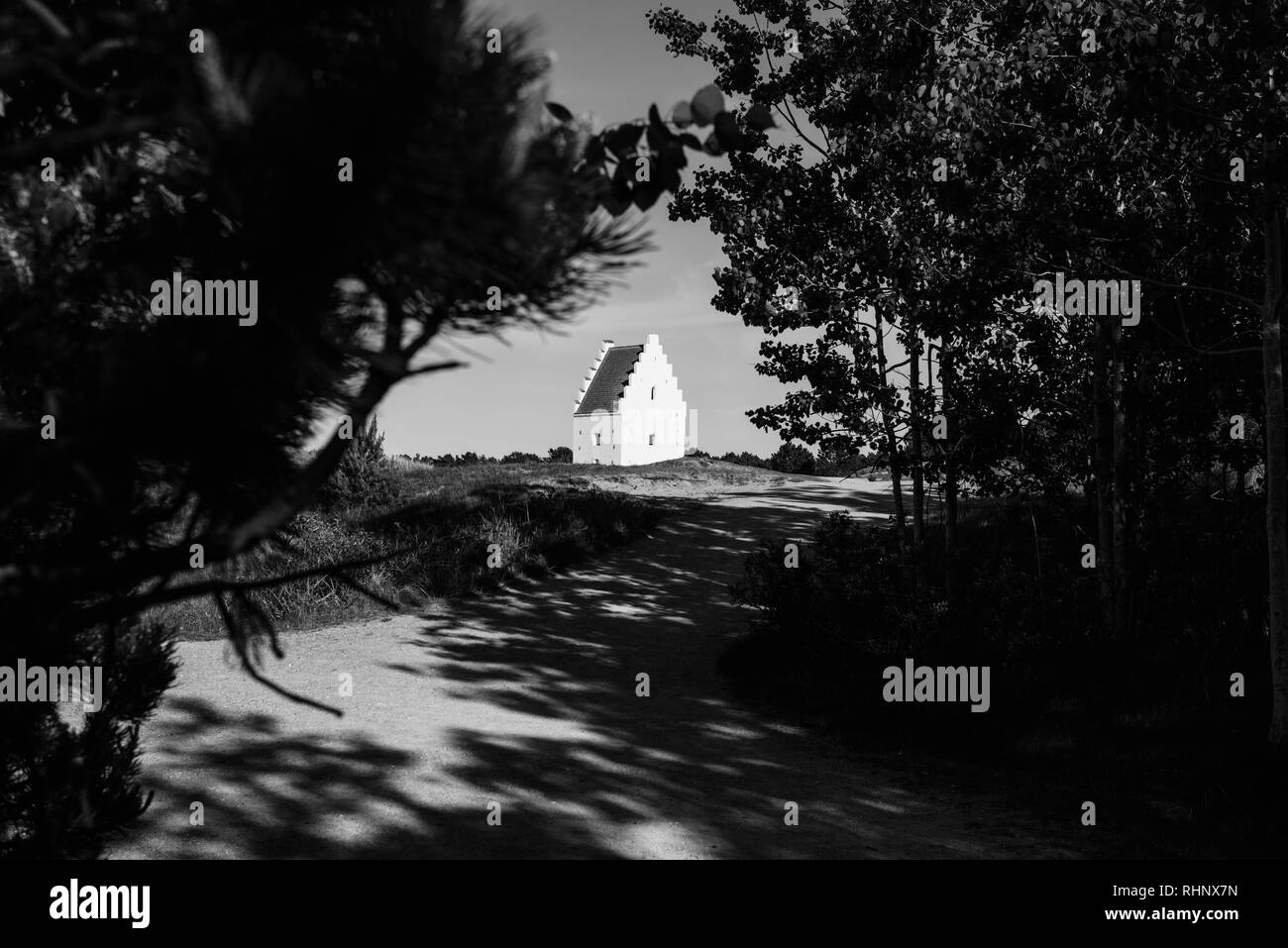Le Sand-Covered Église entourée par des arbres à Skagen, Jutland, Danemark. Banque D'Images