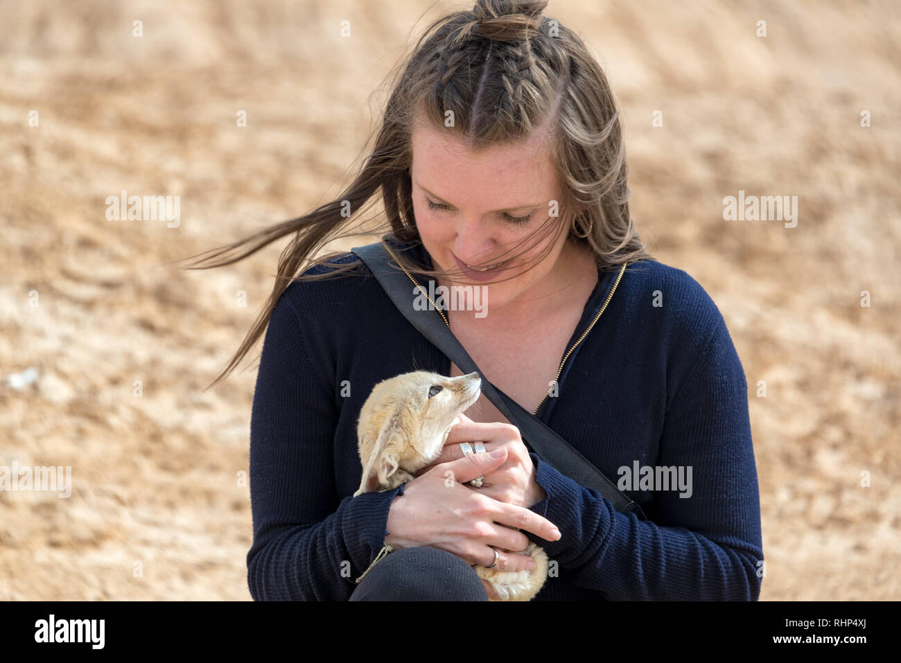 Femme tenant un mignon petit fennec fox dans l'Ong Jemel désert en Tunisie Banque D'Images