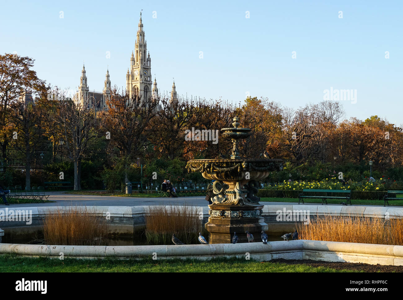 Parc Volksgarten et le jardin avec l'Hôtel de ville en arrière-plan, Vienne, Autriche Banque D'Images