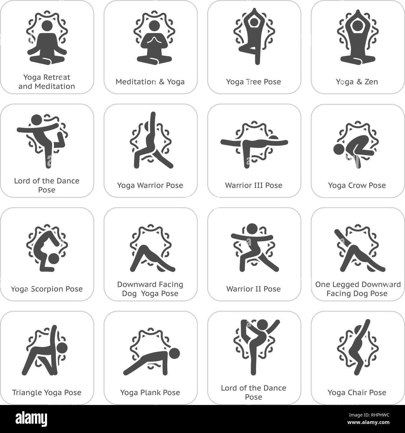 Remise en forme de Yoga et Méditation Icon Set. Modèle plat, postures de yoga Mandala avec ornement en retour. Illustration isolé. Illustration de Vecteur