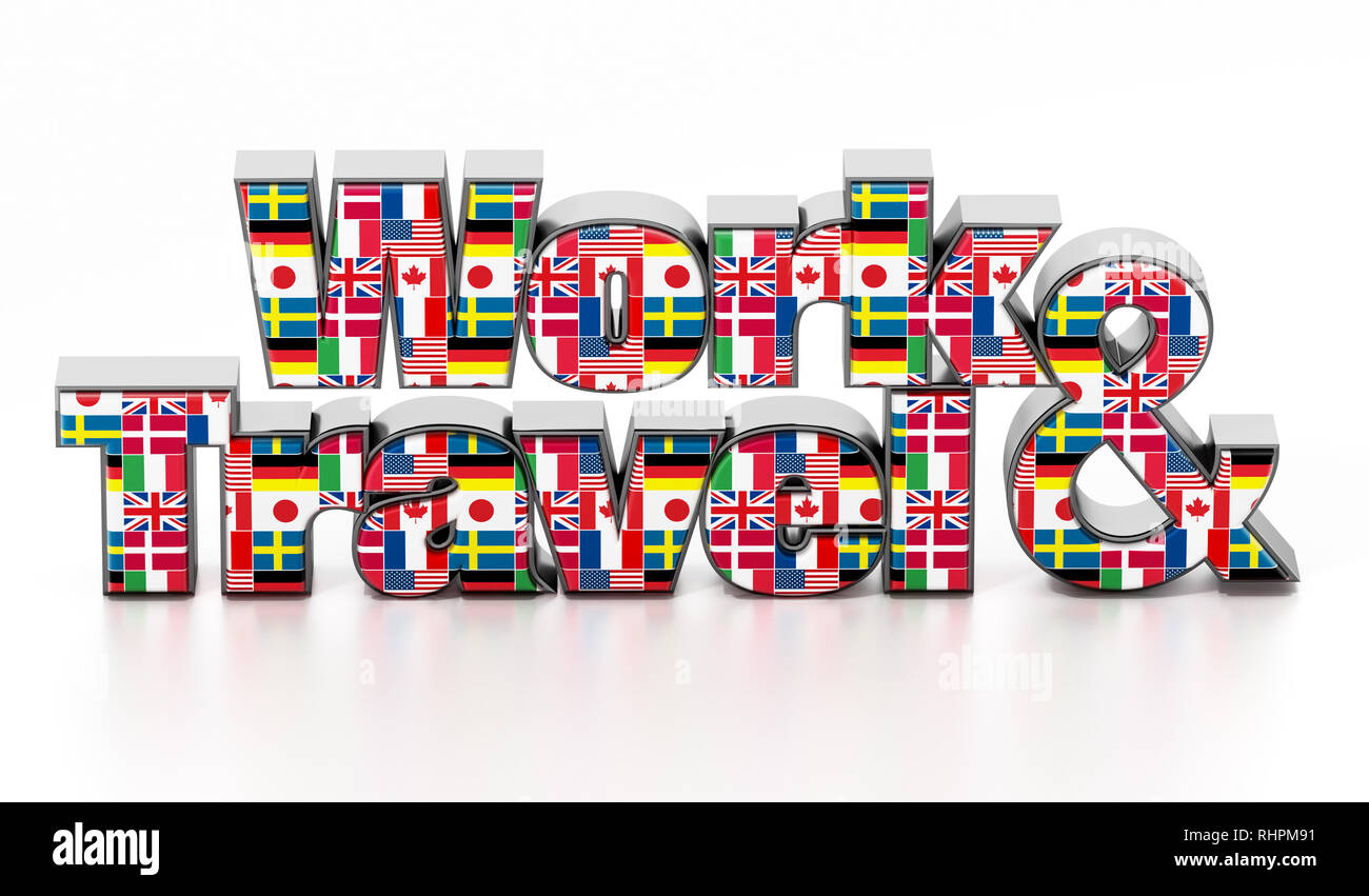 Travail et Voyage texte avec les drapeaux des pays. 3D illustration. Banque D'Images